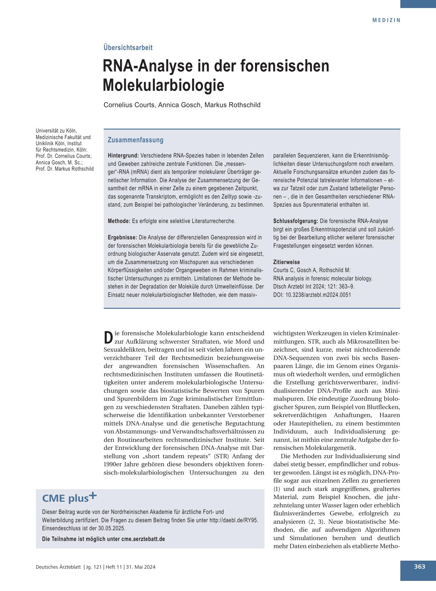 Vorschauseite 1: RNA-Analyse in der forensischen Molekularbiologie – Deutsches Ärzteblatt
