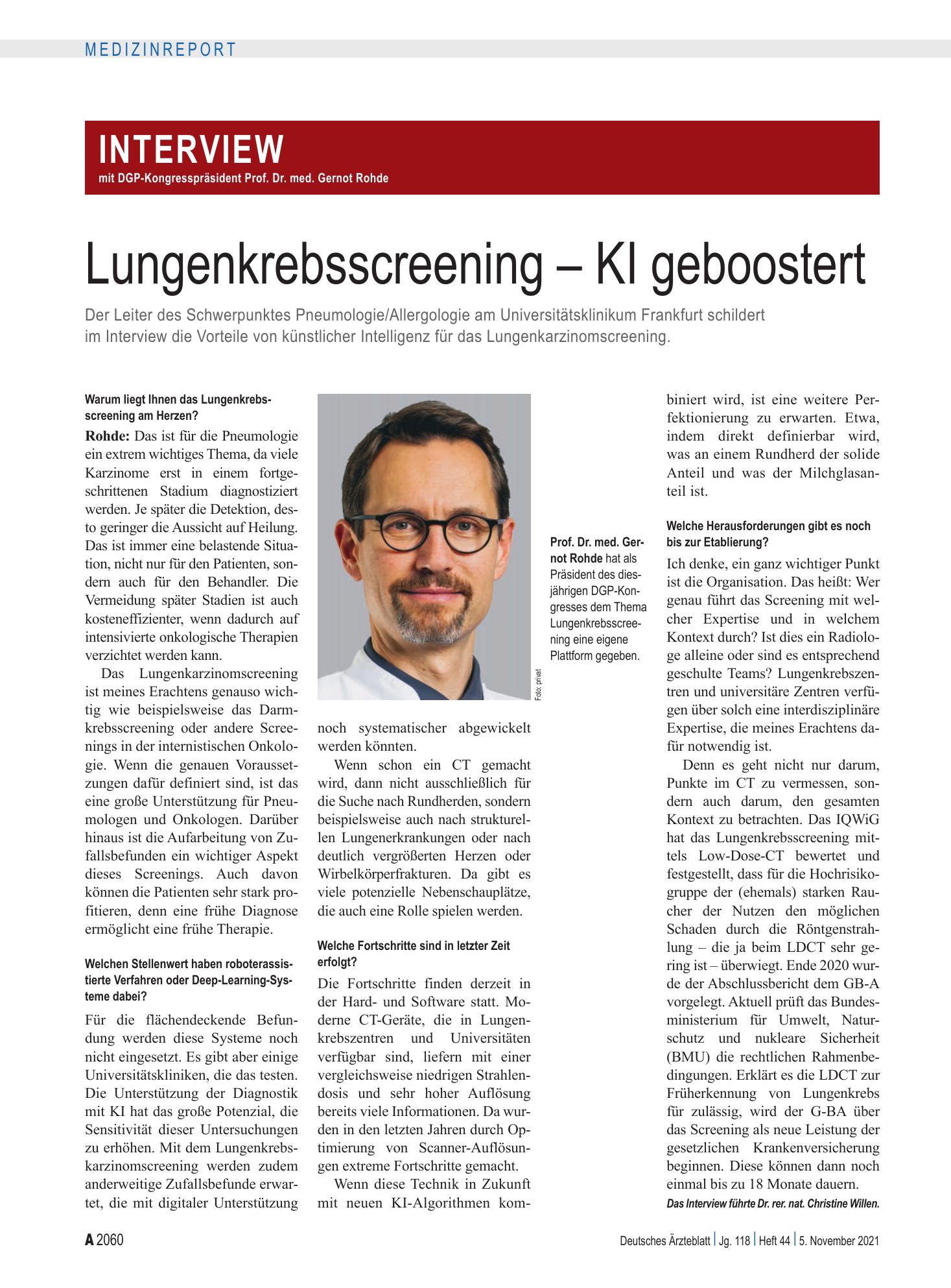 Vorschauseite 1: Interview mit DGP-Kongress­präsident Prof. Dr. med. Gernot Rohde: Lungen­krebs­screening – KI geboostert – Deutsches Ärzteblatt