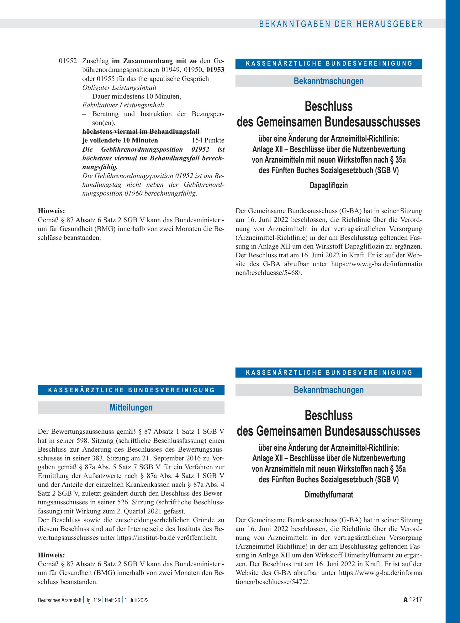 Vorschauseite 1: Mitteilungen – Deutsches Ärzteblatt