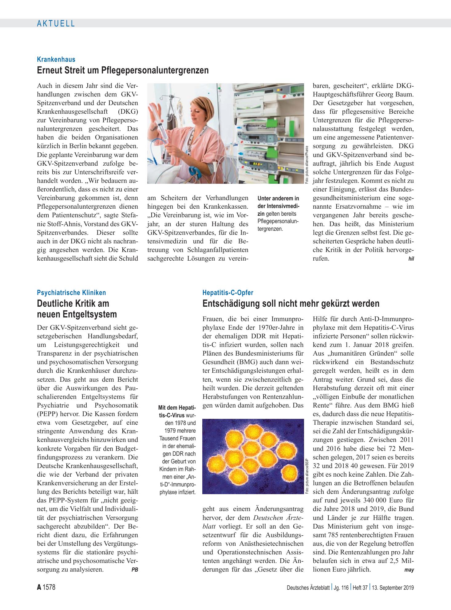 Vorschauseite 1: Hepatitis-C-Opfer: Entschädigung soll nicht mehr gekürzt werden – Deutsches Ärzteblatt