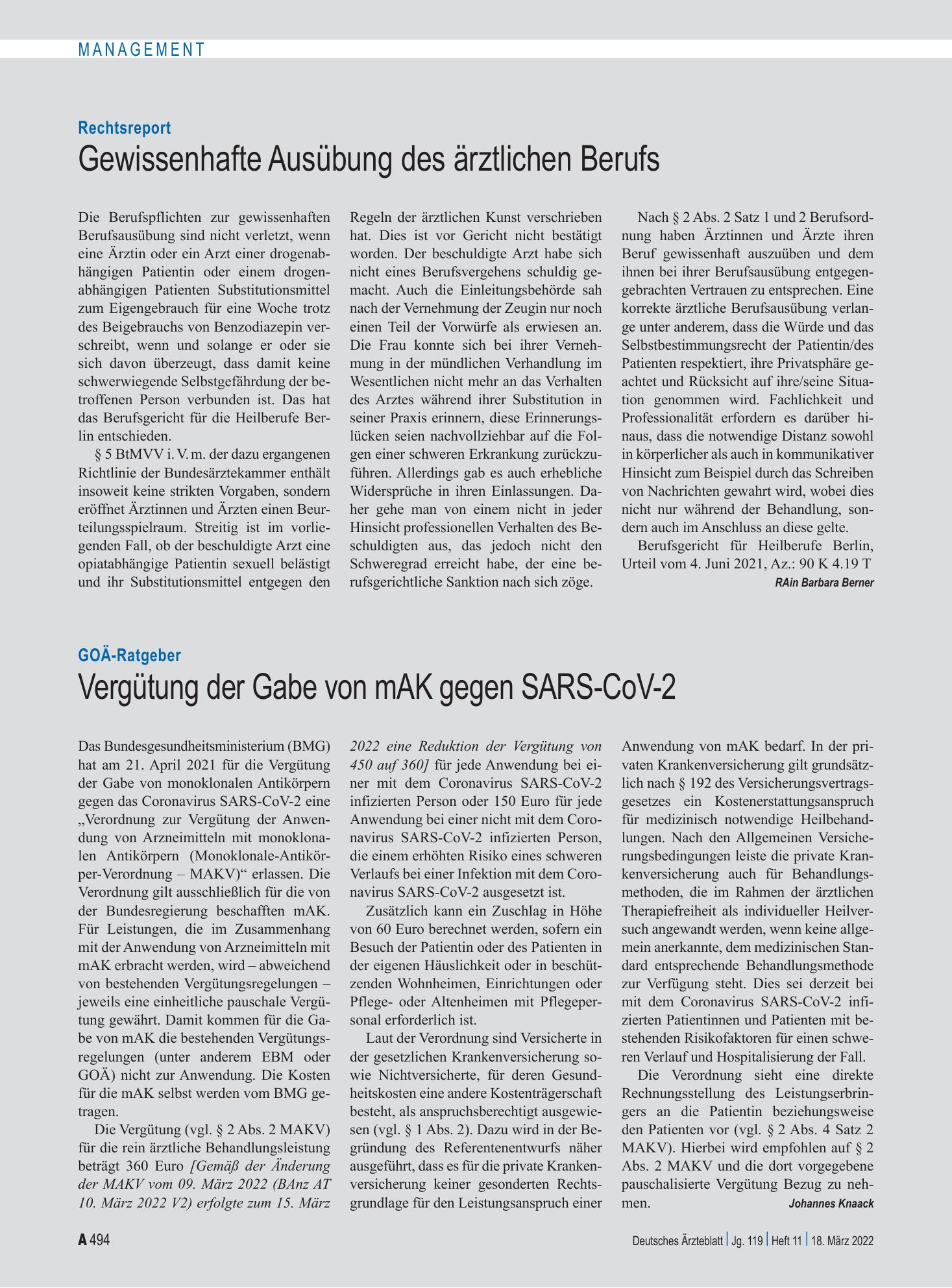 Vorschauseite 1: Rechtsreport: Gewissenhafte Ausübung des ärztlichen Berufs – Deutsches Ärzteblatt