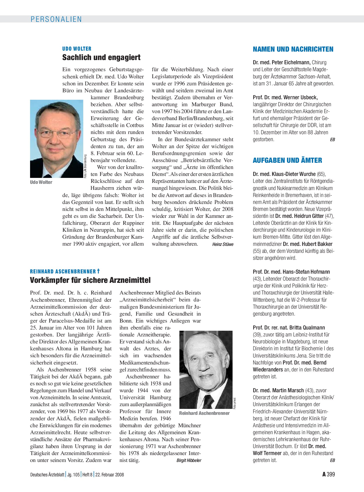 Vorschauseite 1: Reinhard Aschenbrenner: Vorkämpfer für sichere Arzneimittel – Deutsches Ärzteblatt