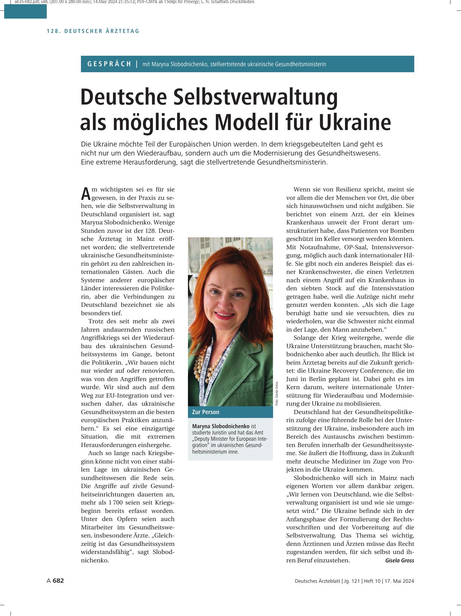 Vorschauseite 1: Gespräch mit Maryna Slobodnichenko, stellvertretende ukrainische Gesundheitsministerin: Deutsche Selbstverwaltung als mögliches Modell für Ukraine – Deutsches Ärzteblatt