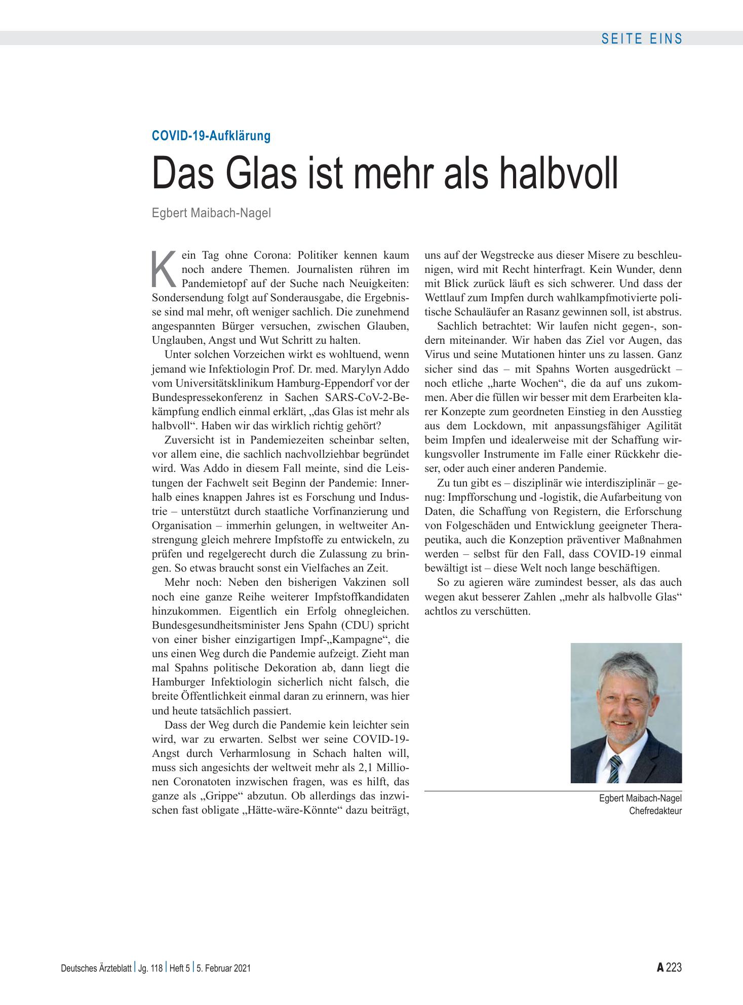 Vorschauseite 1: COVID-19-Aufklärung: Das Glas ist mehr als halbvoll – Deutsches Ärzteblatt