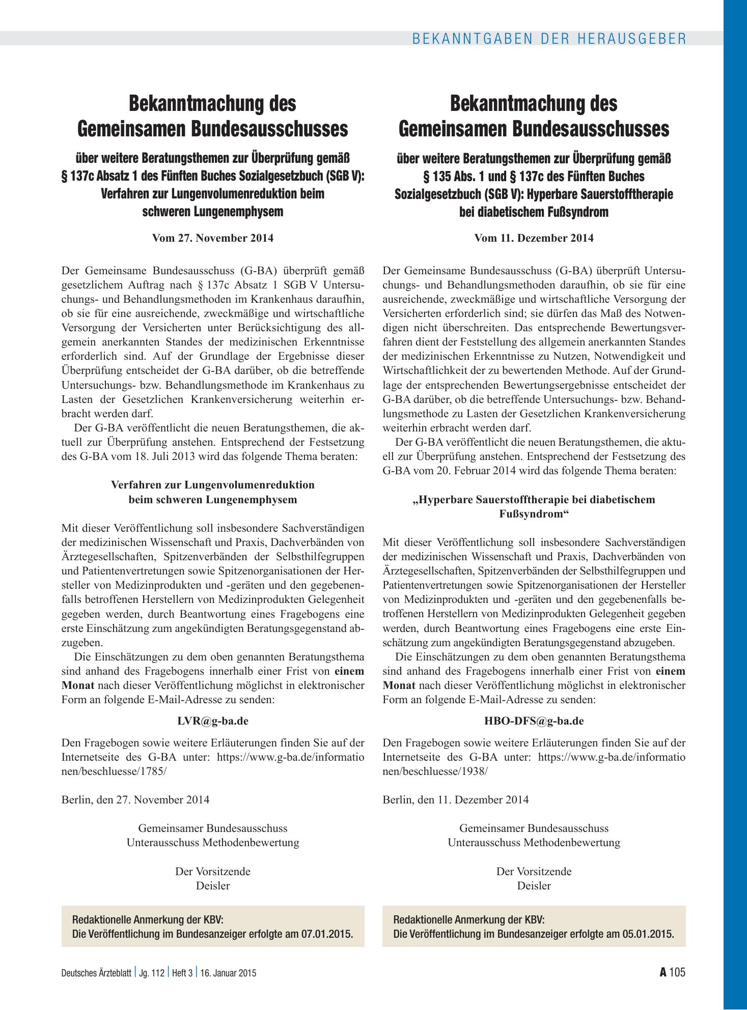 Vorschauseite 1: Bekanntmachung des Gemeinsamen Bundesausschusses über weitere Beratungsthemen zur Überprüfung gemäß § 135 Abs. 1 und § 137c des Fünften Buches Sozialgesetzbuch (SGB V): Hyperbare…