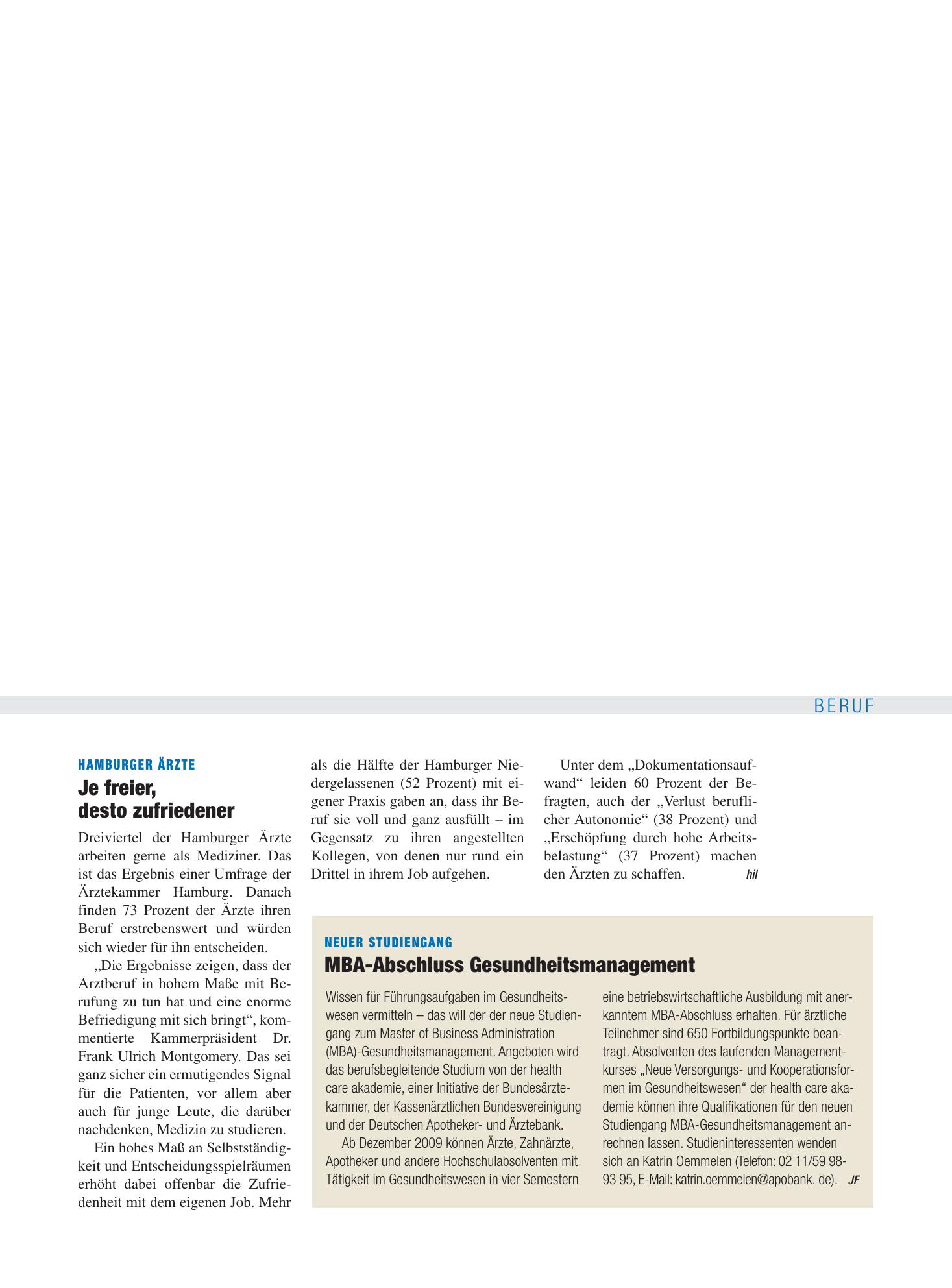 Vorschauseite 1: Neuer Studiengang: MBA-Abschluss Gesundheitsmanagement – Deutsches Ärzteblatt