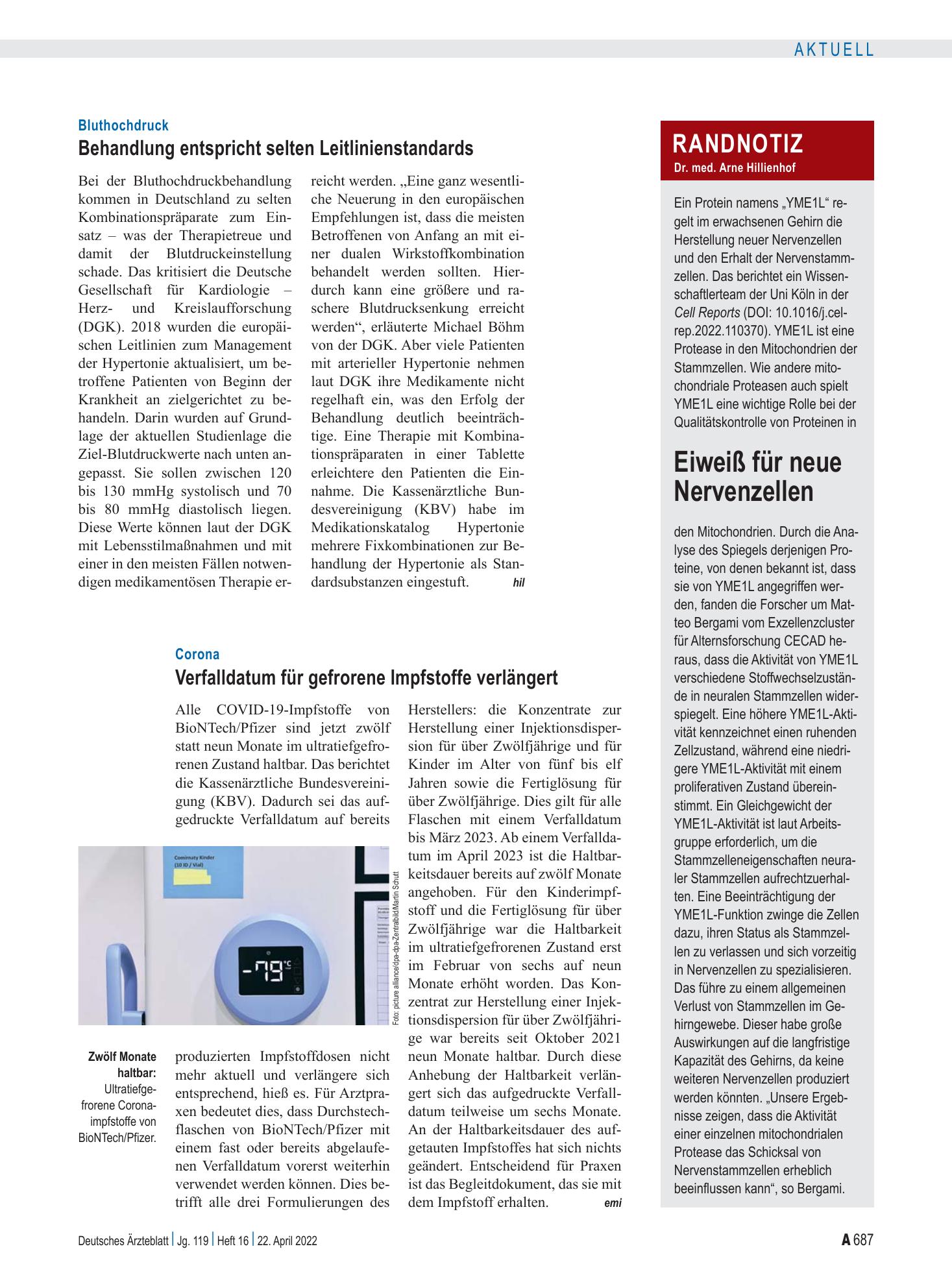 Vorschauseite 1: Corona: Verfalldatum für gefrorene Impfstoffe verlängert – Deutsches Ärzteblatt