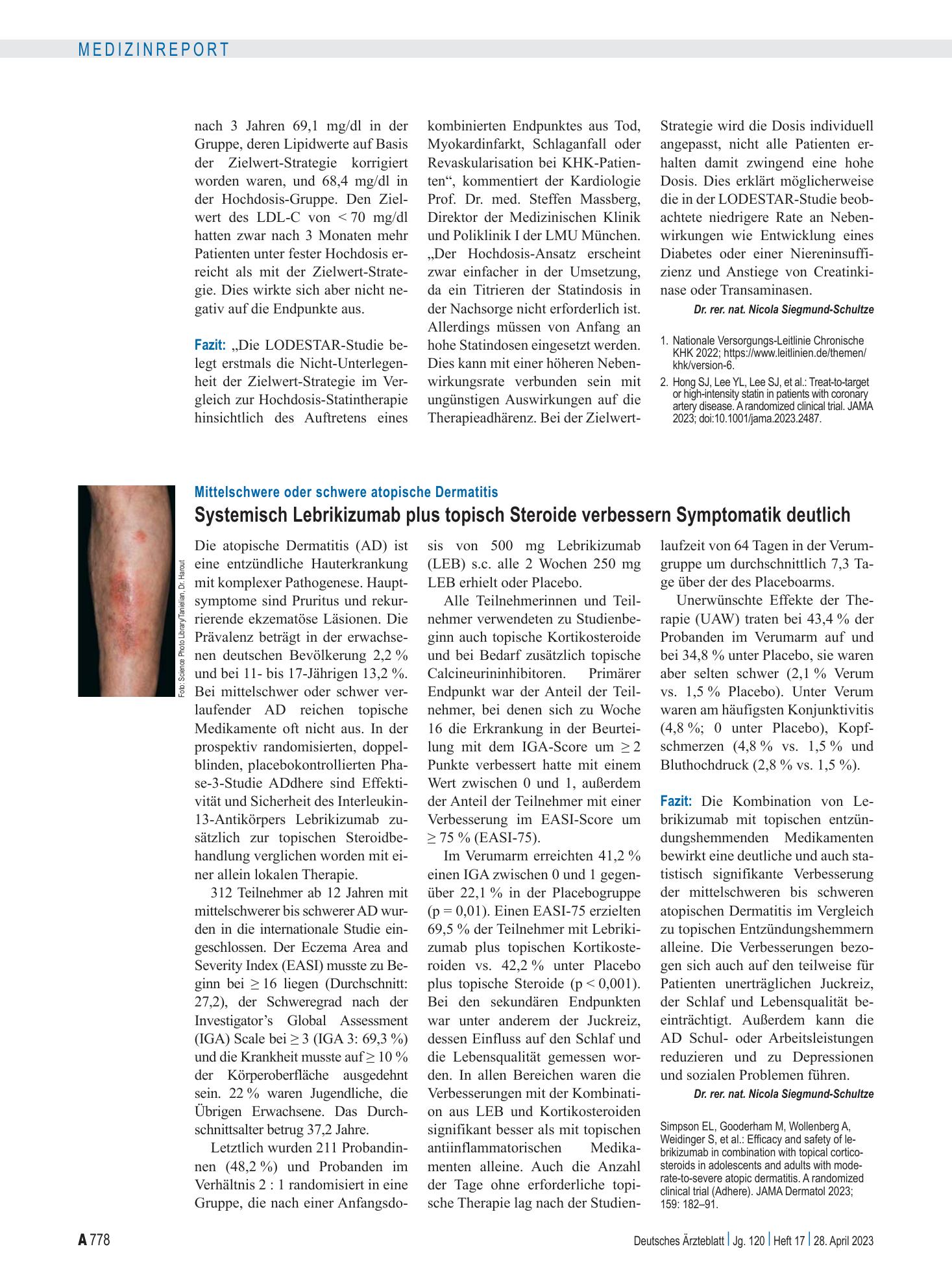 Vorschauseite 1: Mittelschwere oder schwere atopische Dermatitis: Systemisch Lebrikizumab plus topisch Steroide verbessern Symptomatik deutlich – Deutsches Ärzteblatt