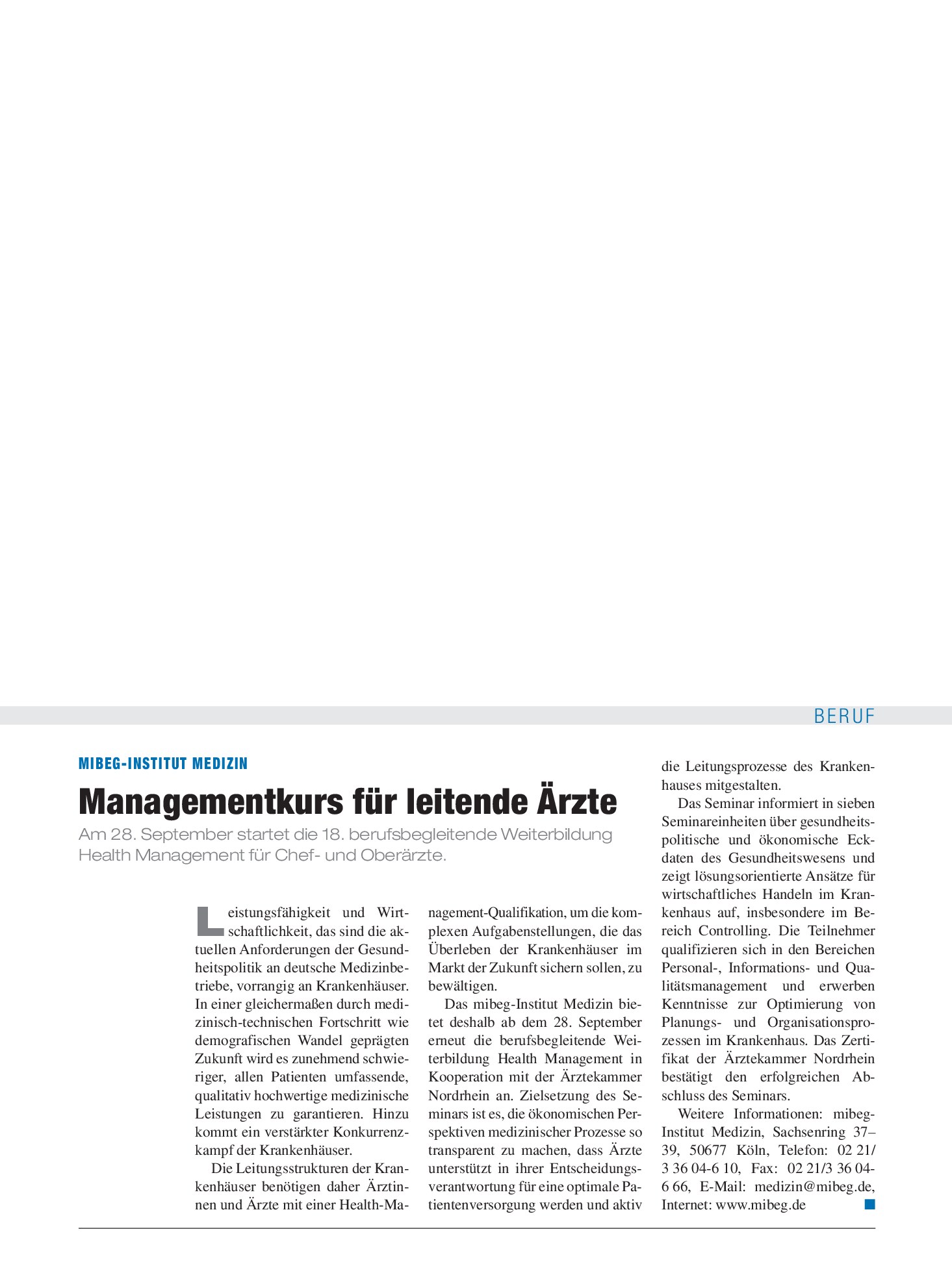 Vorschauseite 1: mibeg-Institut Medizin: Managementkurs für leitende Ärzte – Deutsches Ärzteblatt