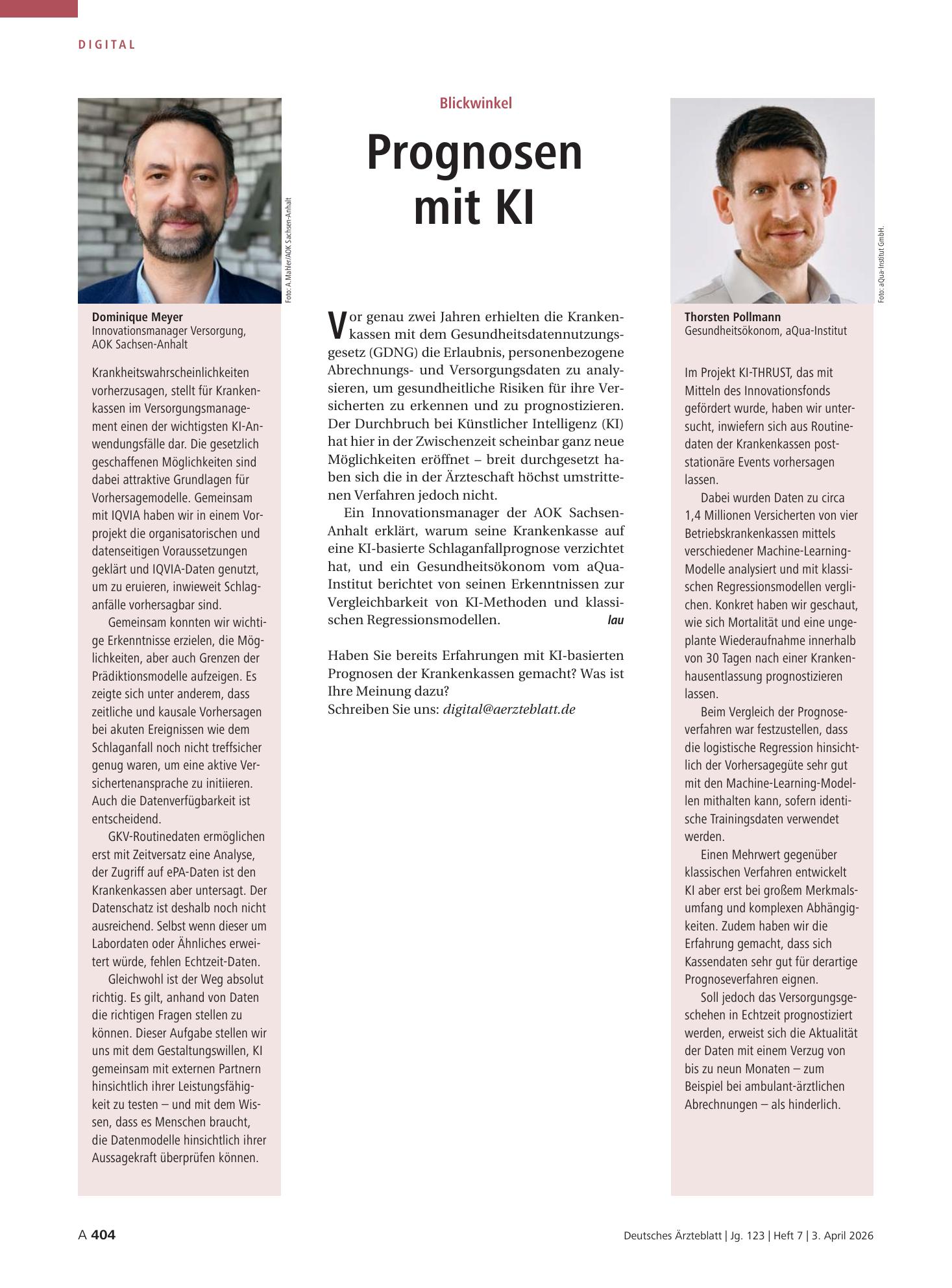 Vorschauseite 1: Blickwinkel: Prognosen mit KI – Deutsches Ärzteblatt