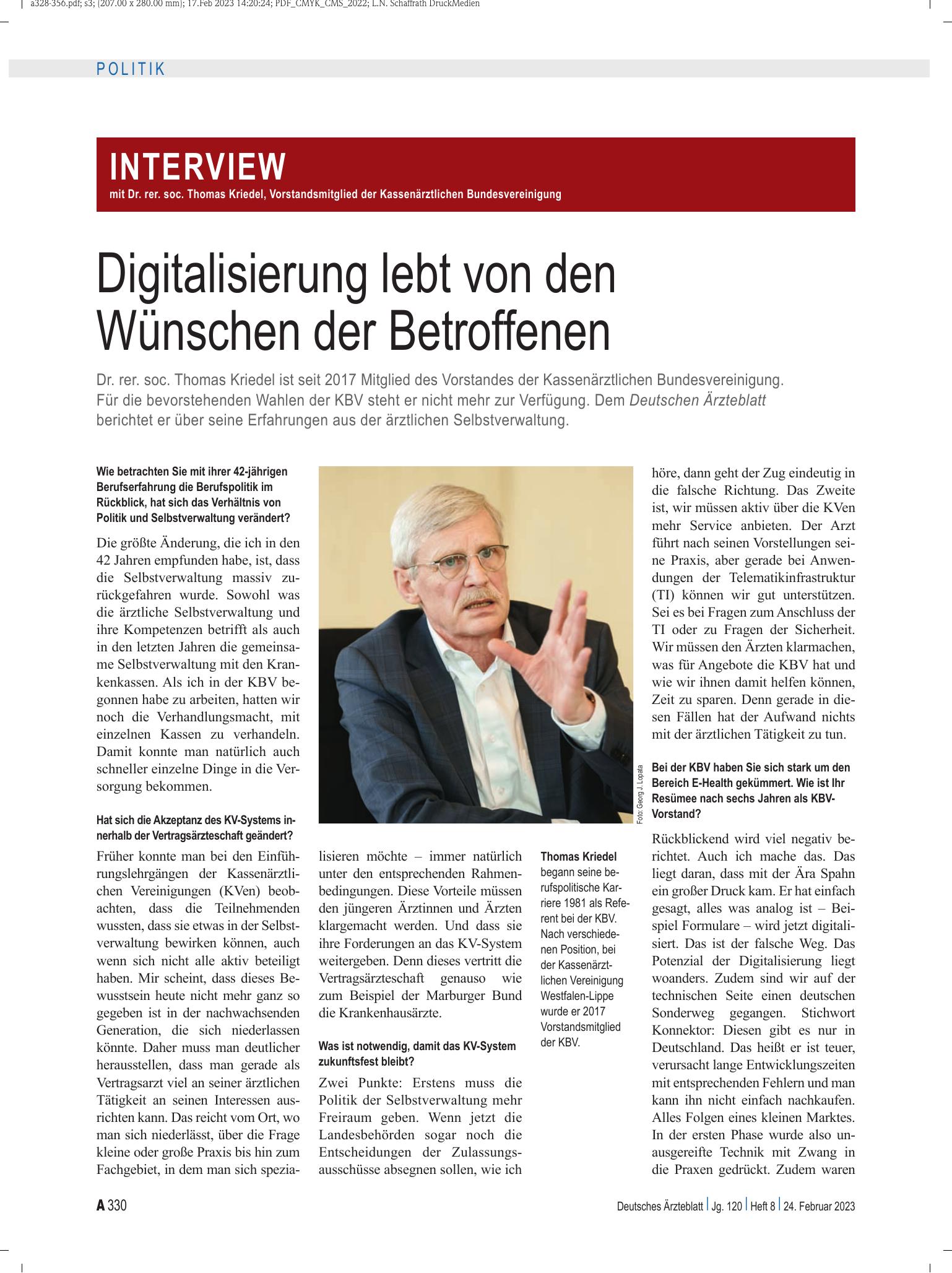 Vorschauseite 1: Interview mit Dr. rer. soc. Thomas Kriedel, Vorstandsmitglied der Kassenärztlichen Bundesvereinigung: Digitalisierung lebt von den Wünschen der Betroffenen – Deutsches Ärzteblatt