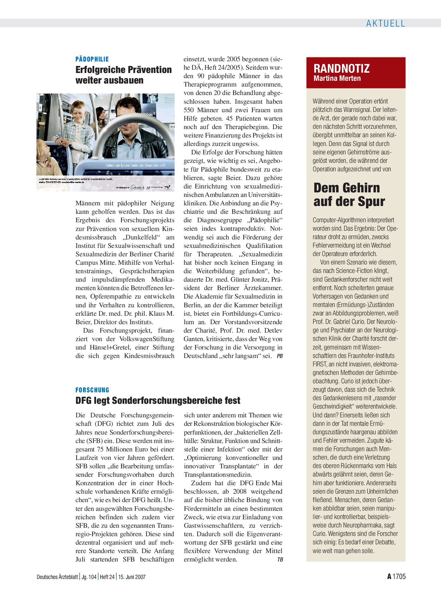 Vorschauseite 1: RANDNOTIZ: Dem Gehirn auf der Spur – Deutsches Ärzteblatt