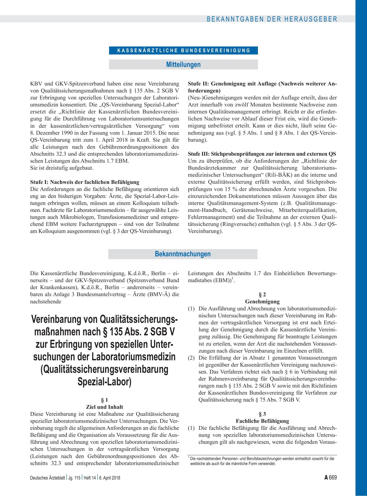 Vorschauseite 1: Vereinbarung von Qualitätssicherungsmaßnahmen nach § 135 Abs. 2 SGB V zur Erbringung von speziellen Untersuchungen der Laboratoriumsmedizin (Qualitätssicherungsvereinbarung Spezia…