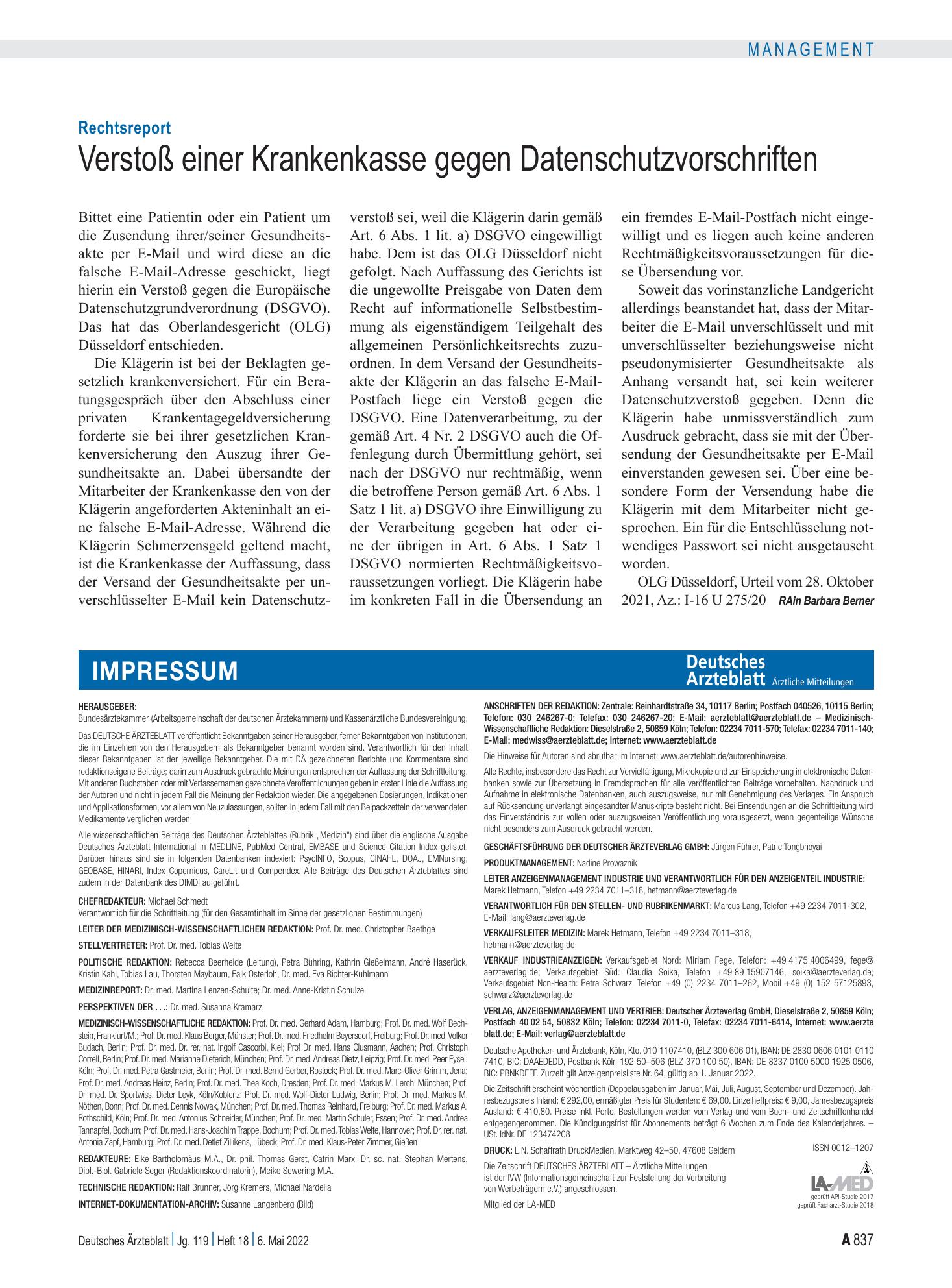 Vorschauseite 1: Rechtsreport: Verstoß einer Krankenkasse gegen Datenschutzvorschriften – Deutsches Ärzteblatt