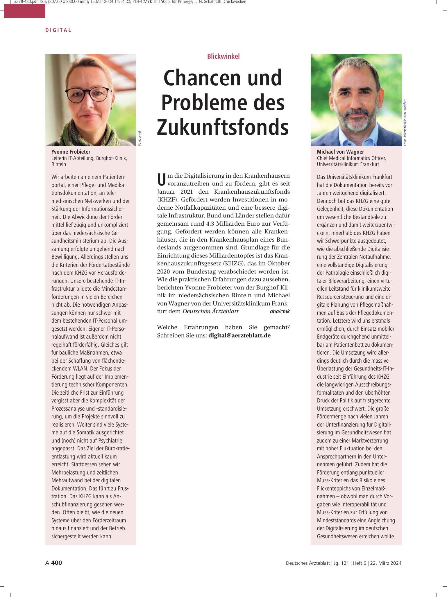 Vorschauseite 1: Blickwinkel: Chancen und Probleme des Zukunftsfonds – Deutsches Ärzteblatt