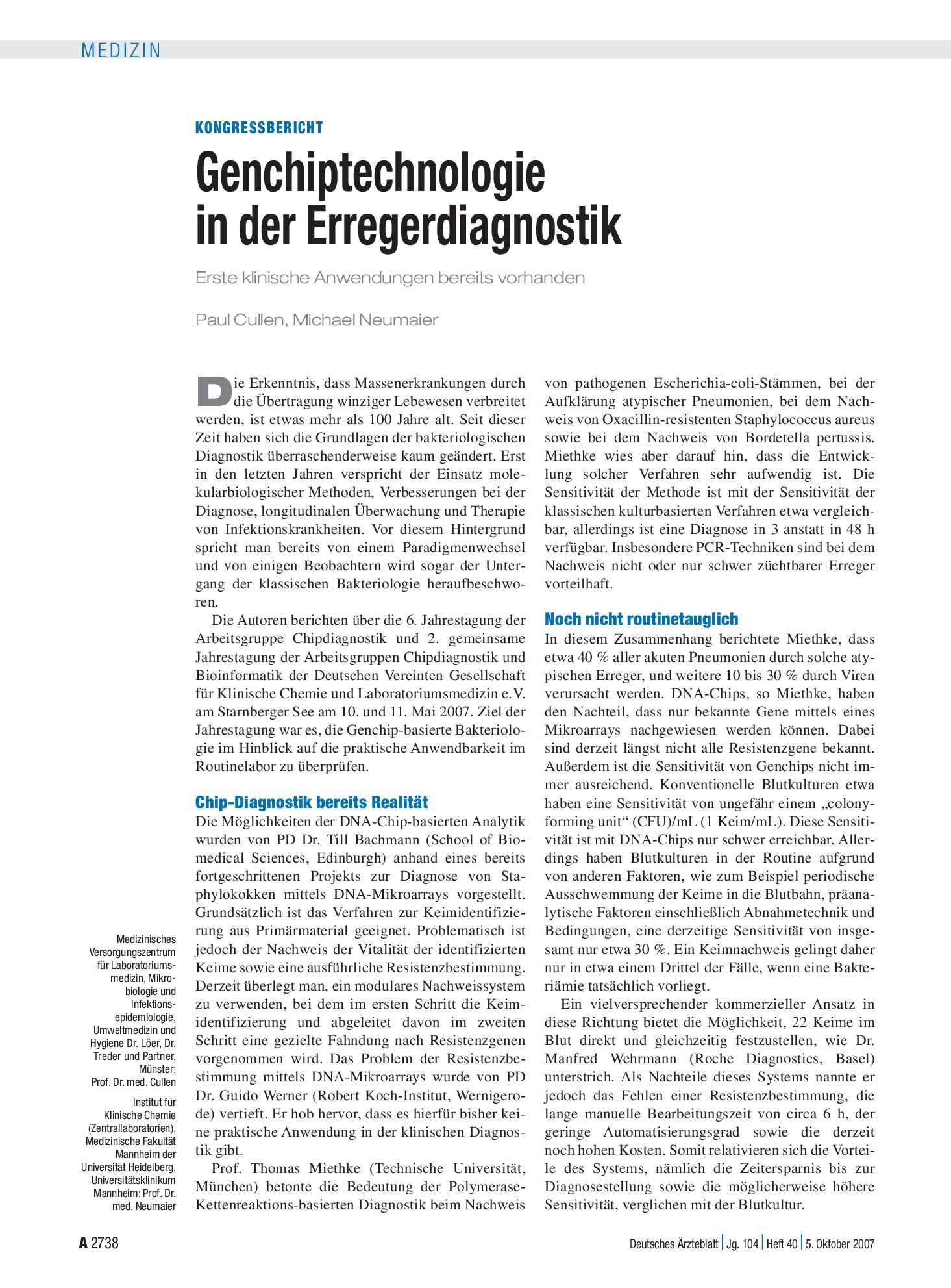 Vorschauseite 1: Genchiptechnologie in der Erregerdiagnostik: Erste klinische Anwendungen bereits vorhanden – Deutsches Ärzteblatt
