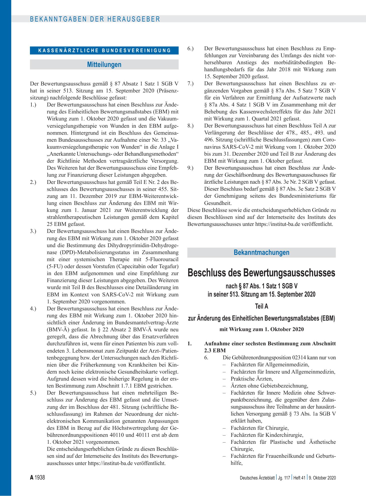 Vorschauseite 1: Beschluss des Bewertungsausschusses nach § 87 Abs. 1 Satz 1 SGB V in seiner 513. Sitzung am 15. September 2020 – Deutsches Ärzteblatt