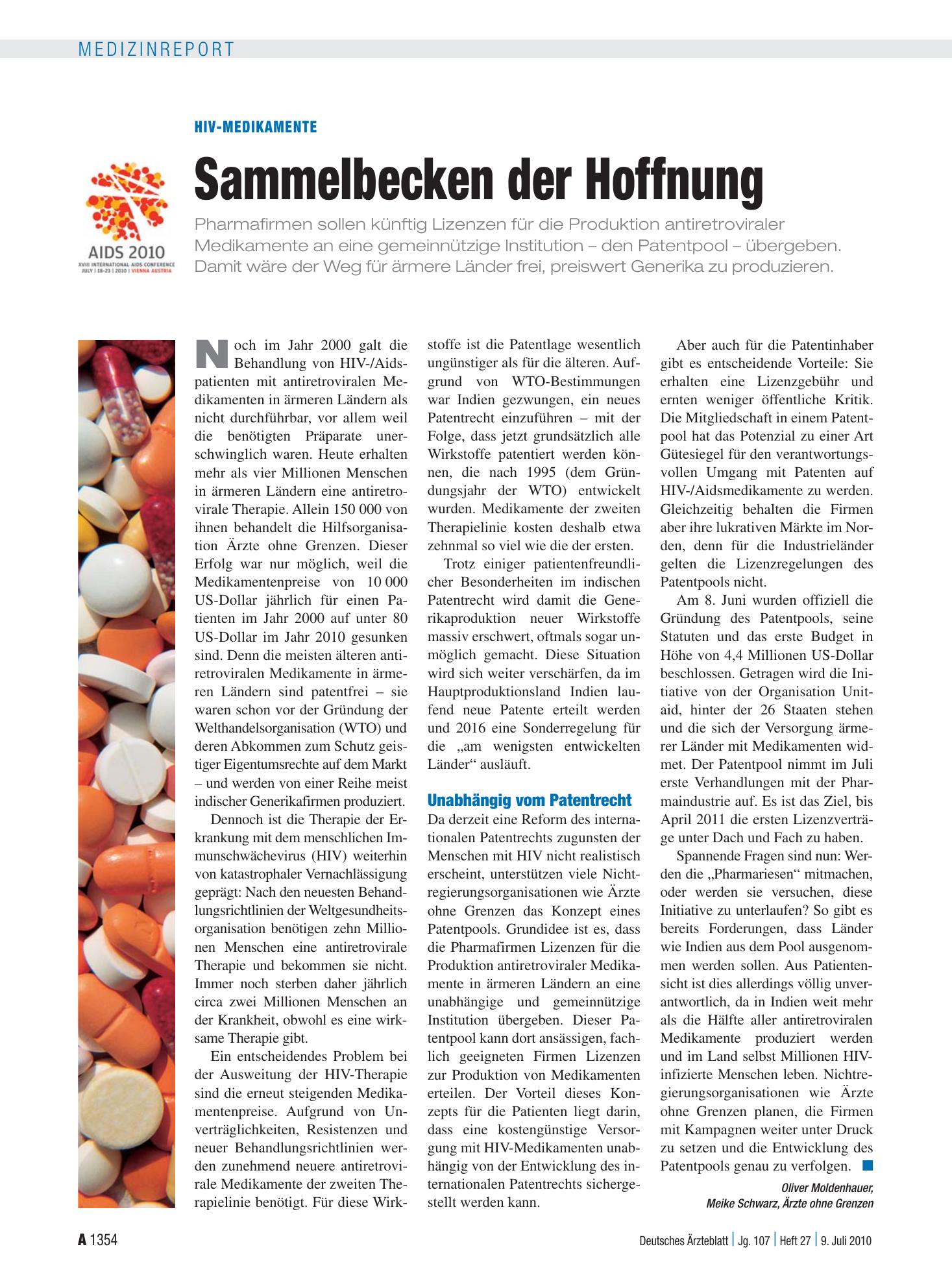 Vorschauseite 1: HIV-Medikamente: Sammelbecken der Hoffnung – Deutsches Ärzteblatt
