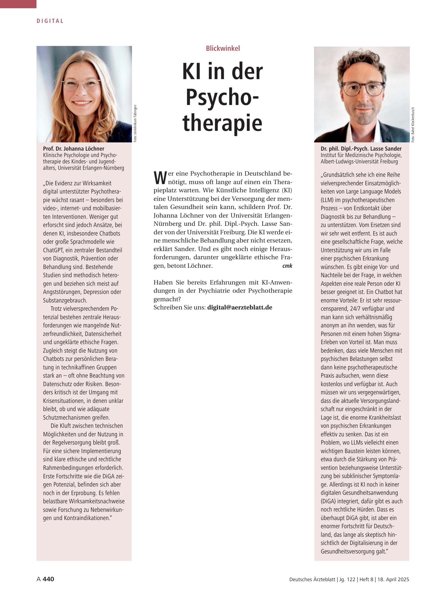 Vorschauseite 1: Blickwinkel: KI in der Psychotherapie – Deutsches Ärzteblatt