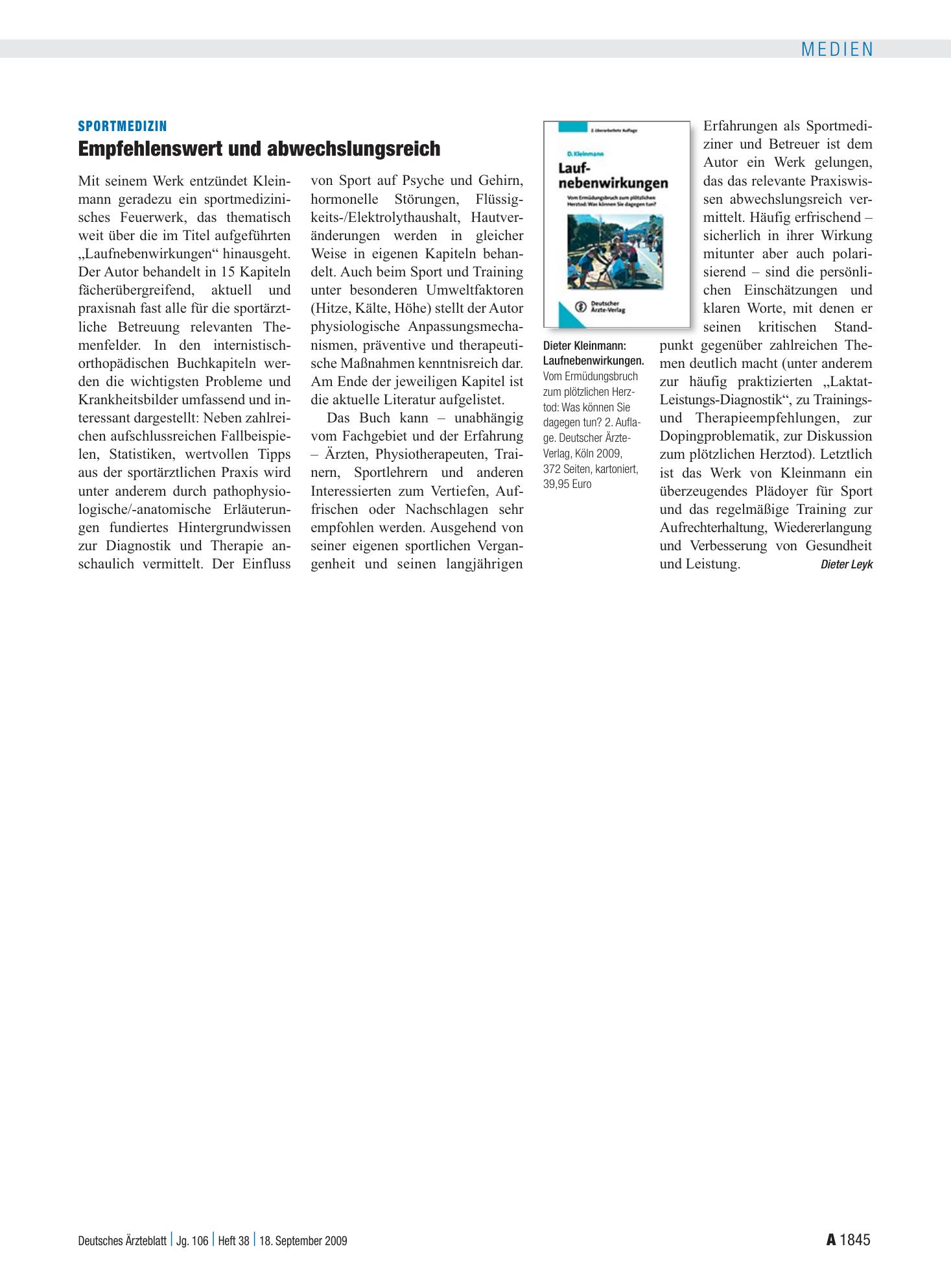 Vorschauseite 1: Sportmedizin: Empfehlenswert und abwechslungsreich – Deutsches Ärzteblatt