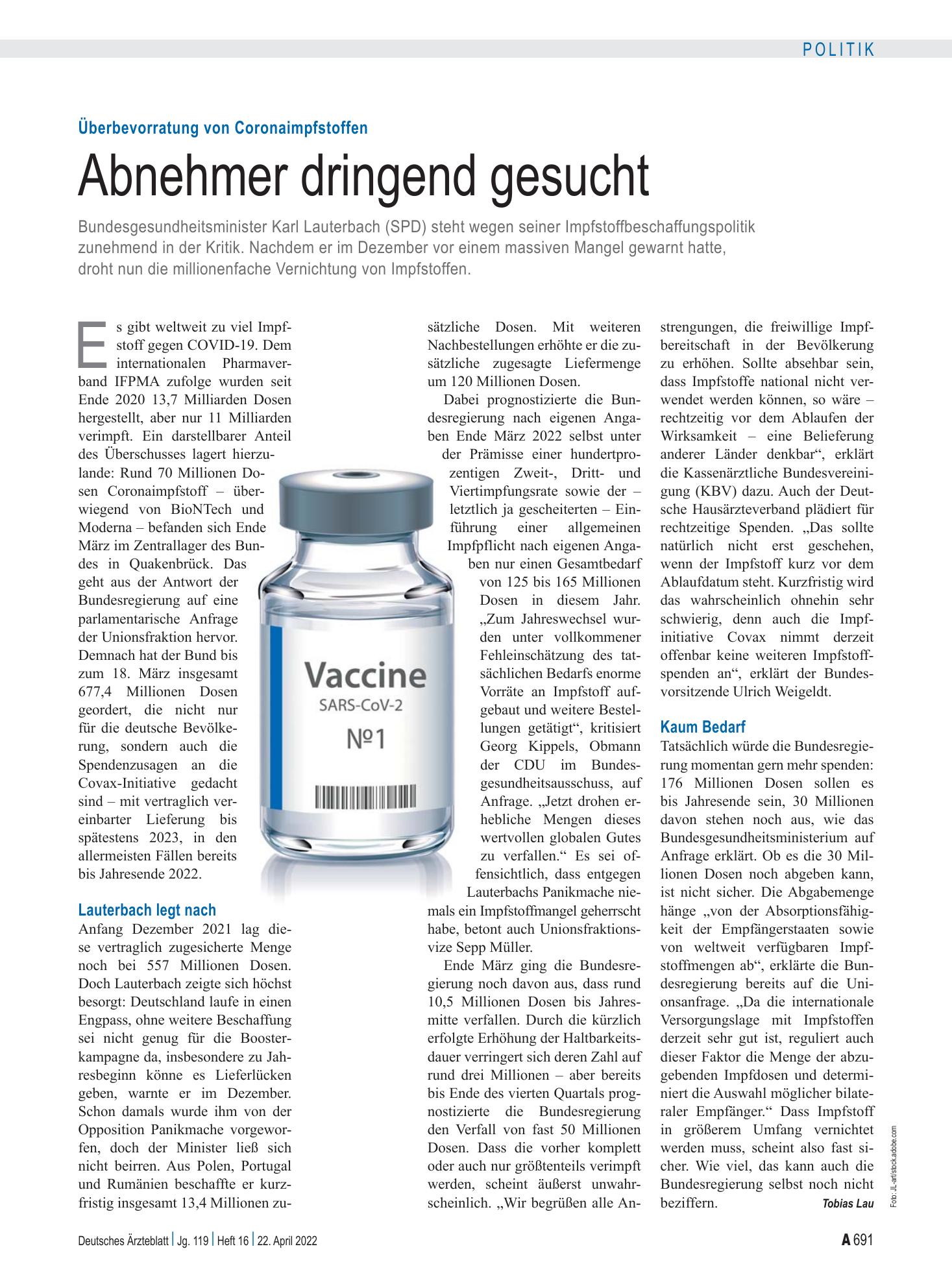 Vorschauseite 1: Überbevorratung von Coronaimpfstoffen: Abnehmer dringend gesucht – Deutsches Ärzteblatt