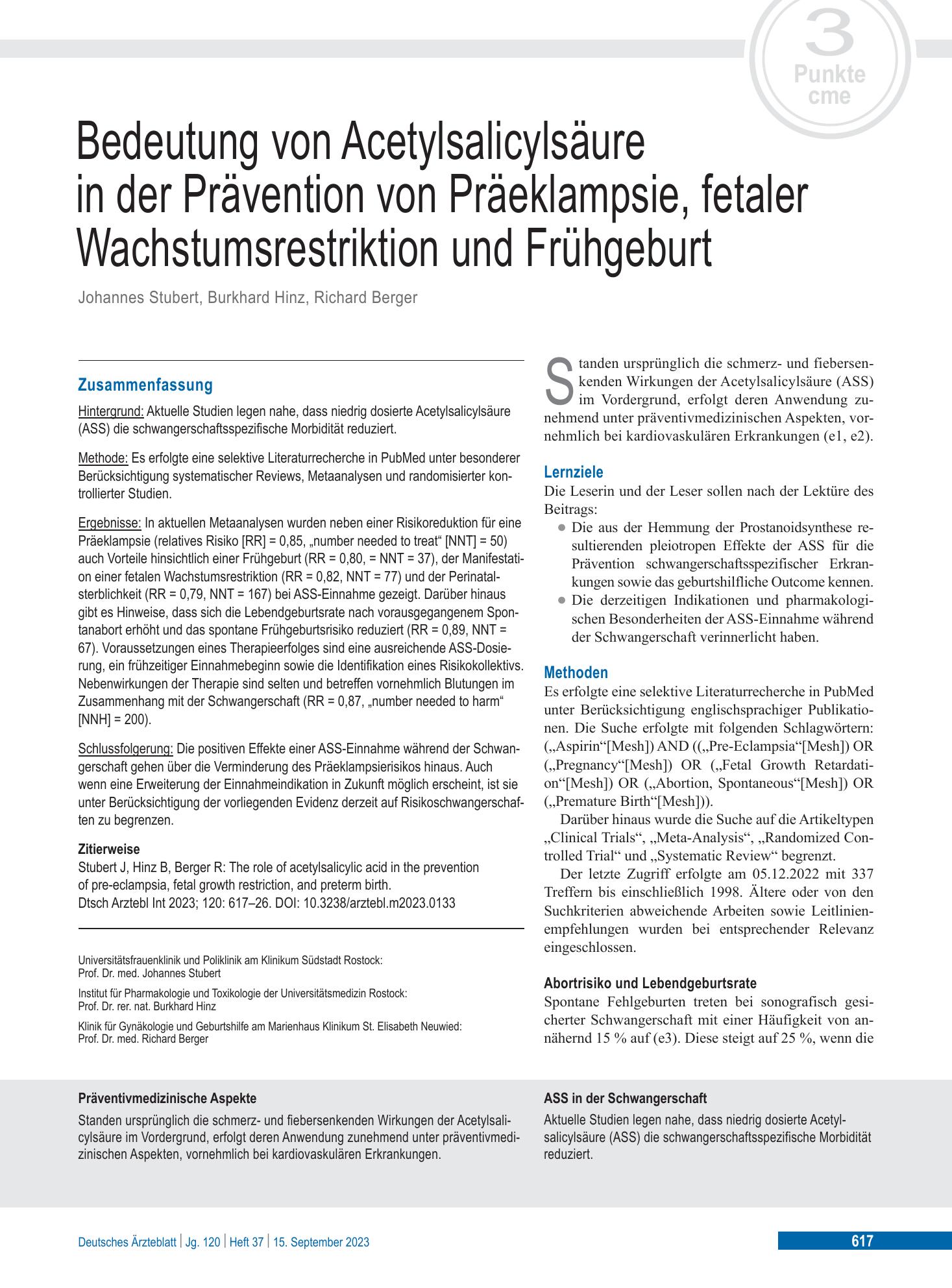 Vorschauseite 1: Bedeutung von Acetylsalicylsäure in der Prävention von Präeklampsie, fetaler Wachstumsrestriktion und Frühgeburt – Deutsches Ärzteblatt