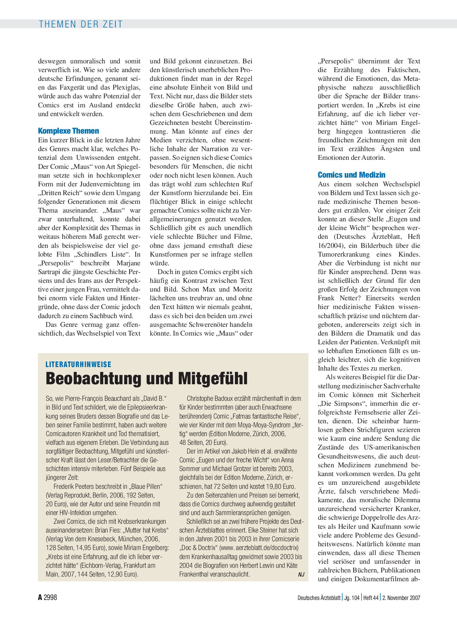 Vorschauseite 1: Literaturhinweise: Beobachtung und Mitgefühl – Deutsches Ärzteblatt