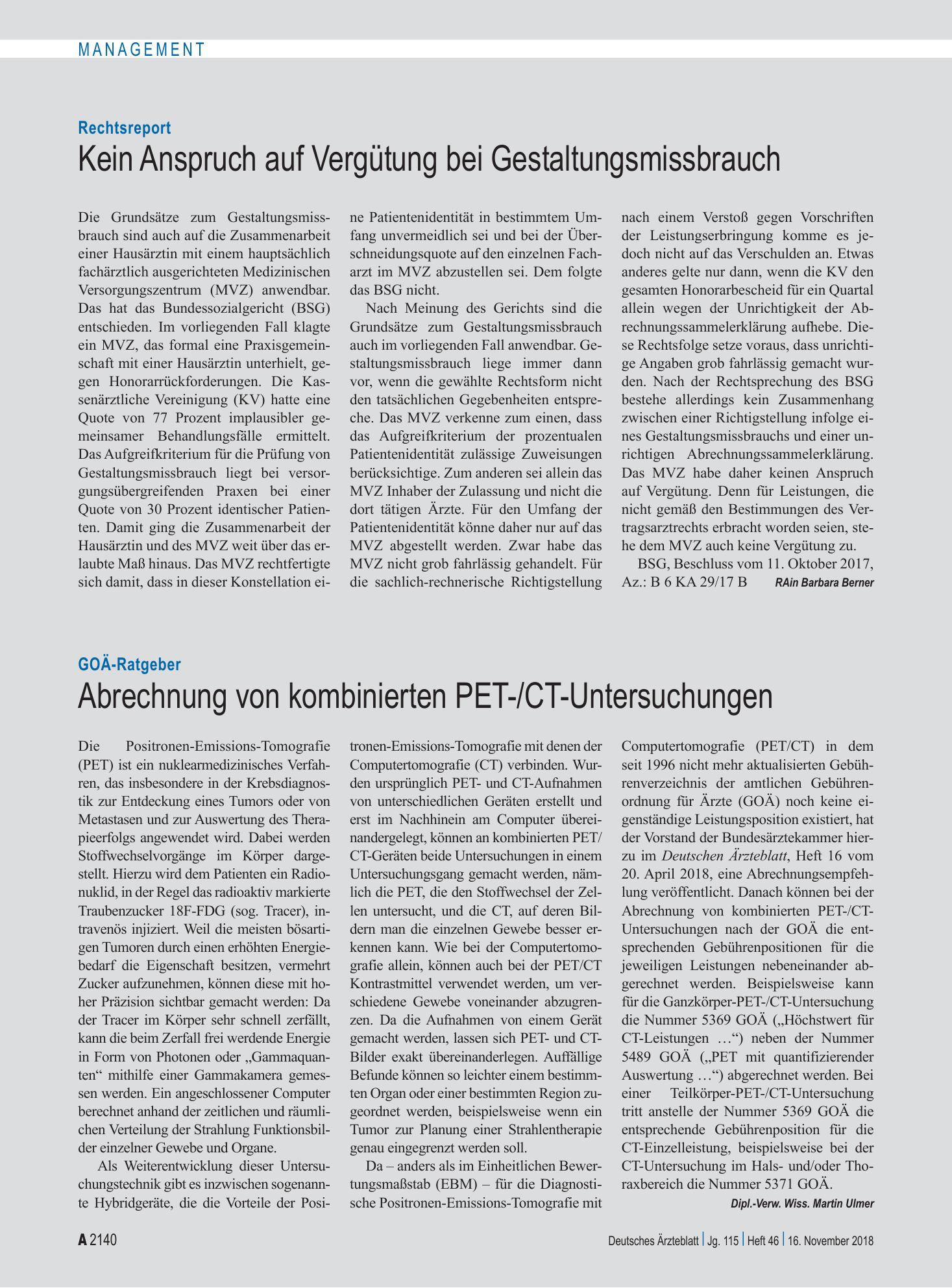 Vorschauseite 1: GOÄ-Ratgeber: Abrechnung von kombinierten PET-/CT-Untersuchungen – Deutsches Ärzteblatt