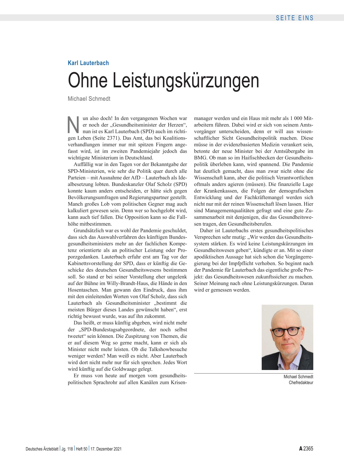 Vorschauseite 1: Karl Lauterbach: Ohne Leistungskürzungen – Deutsches Ärzteblatt