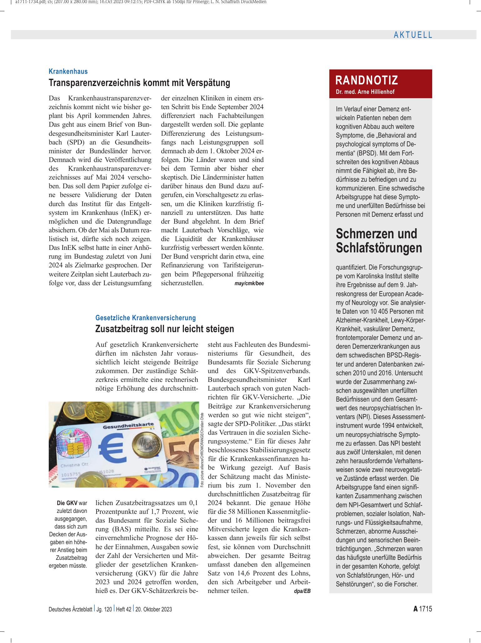 Vorschauseite 1: Randnotiz: Schmerzen und Schlafstörungen – Deutsches Ärzteblatt