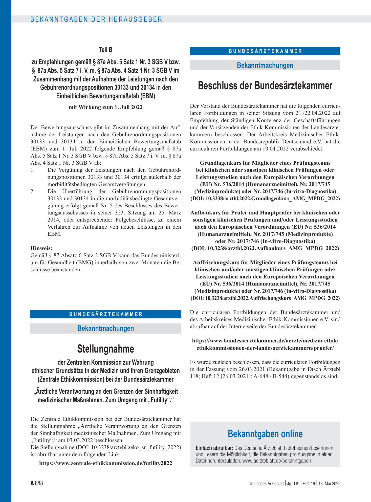 Vorschauseite 1: Bekanntgaben online – Deutsches Ärzteblatt