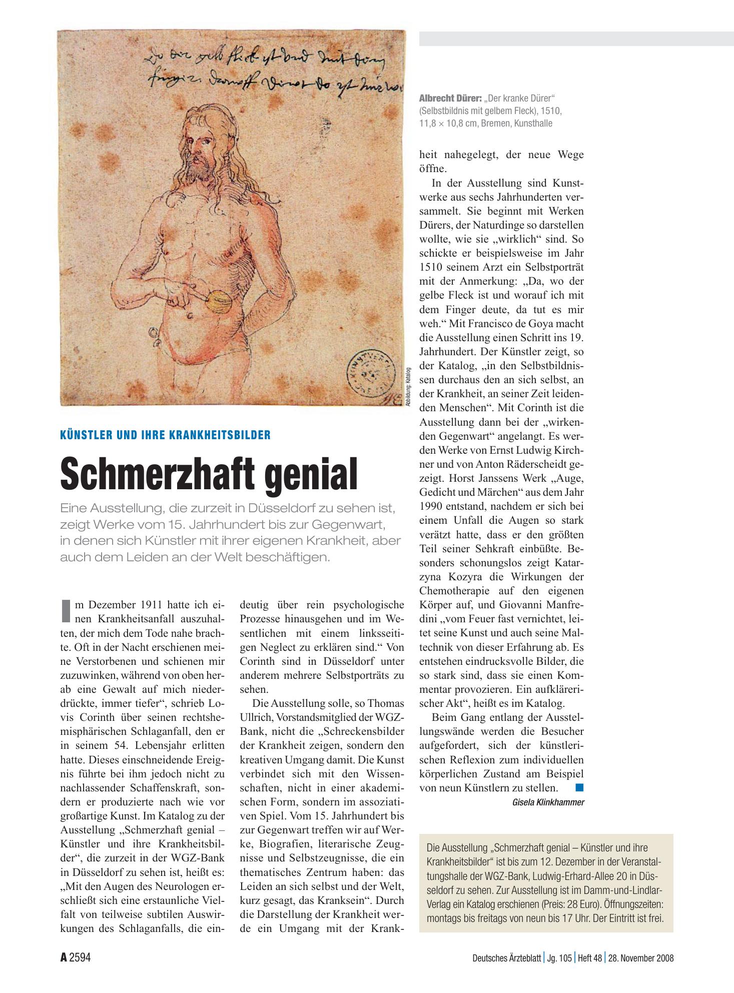Vorschauseite 1: Künstler und ihre Krankheitsbilder: Schmerzhaft genial – Deutsches Ärzteblatt