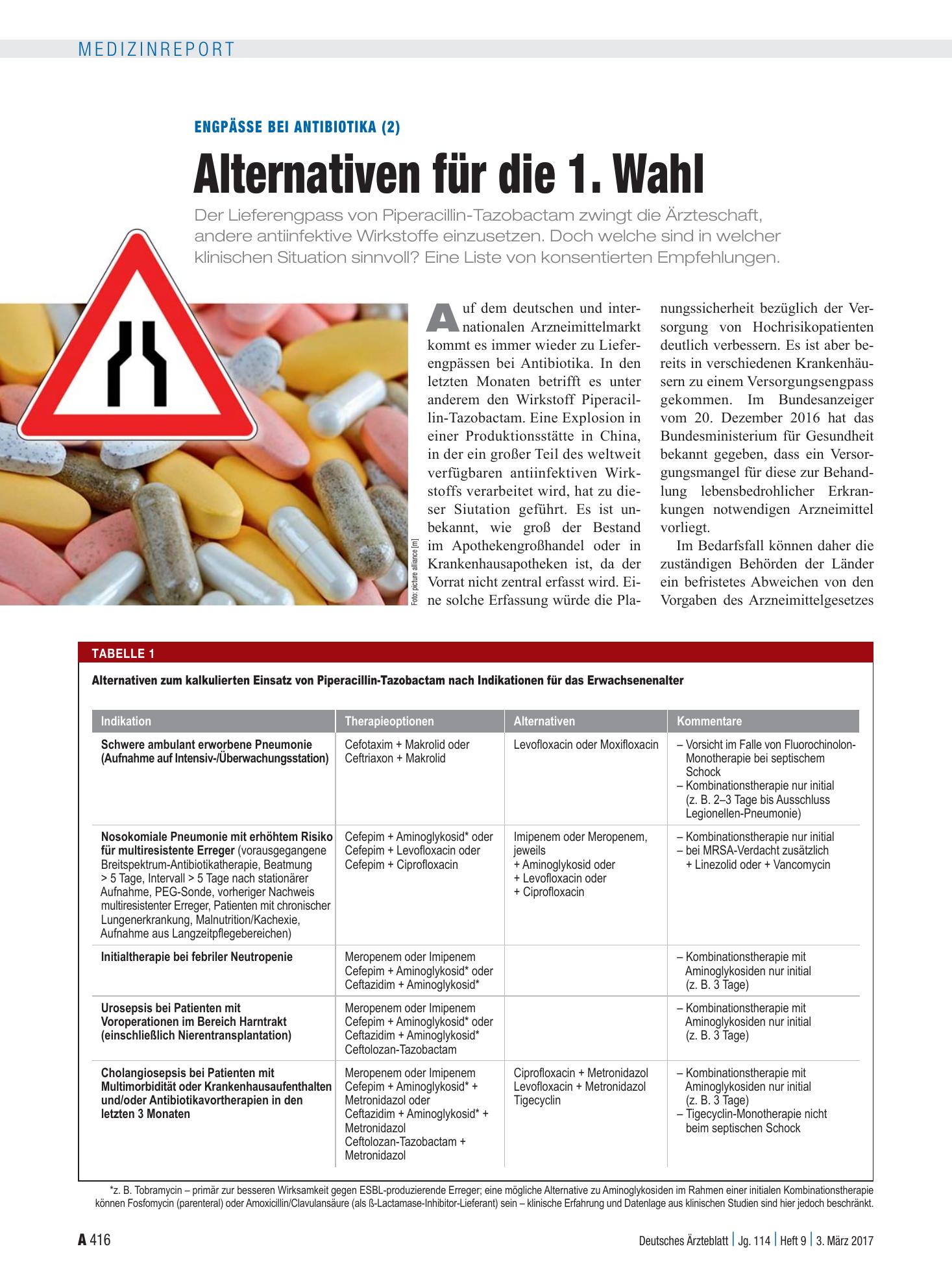 Vorschauseite 1: Engpässe bei Antibiotika (2): Alternativen für die 1. Wahl – Deutsches Ärzteblatt
