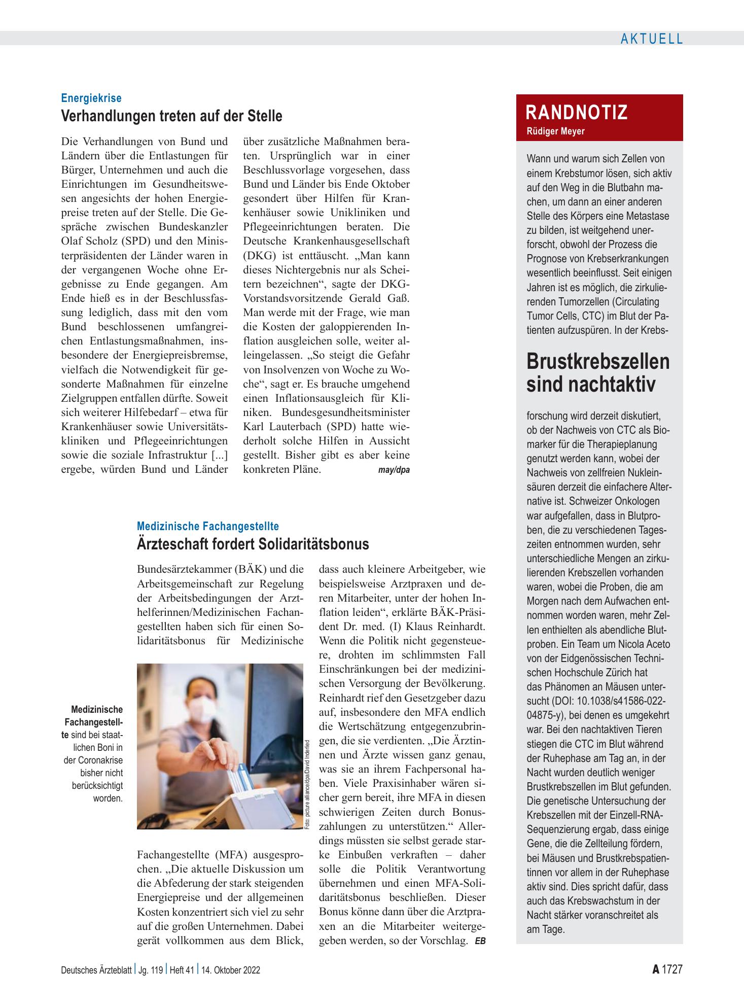 Vorschauseite 1: Energiekrise: Verhandlungen treten auf der Stelle – Deutsches Ärzteblatt