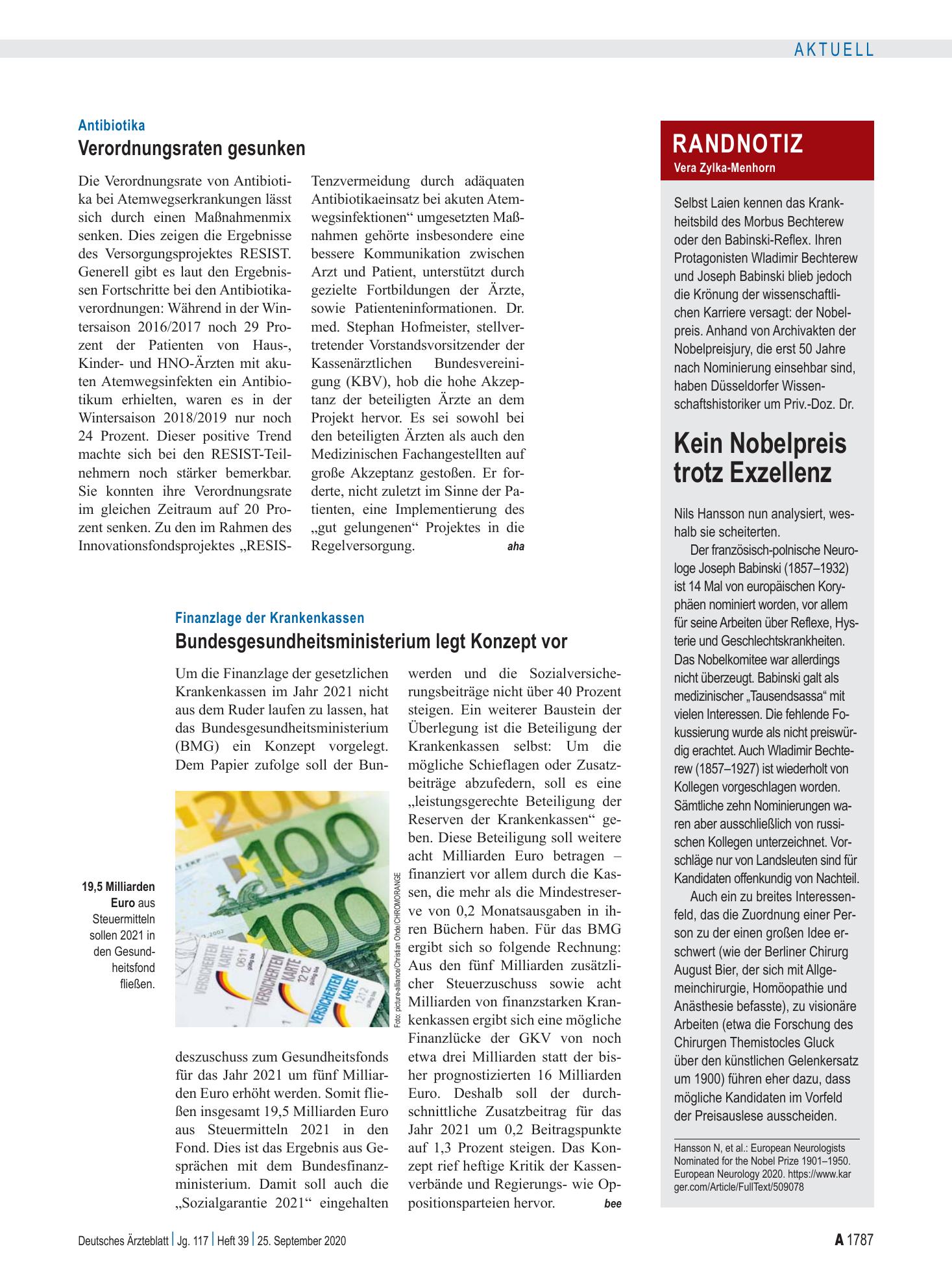 Vorschauseite 1: Randnotiz: Kein Nobelpreis trotz Exzellenz – Deutsches Ärzteblatt