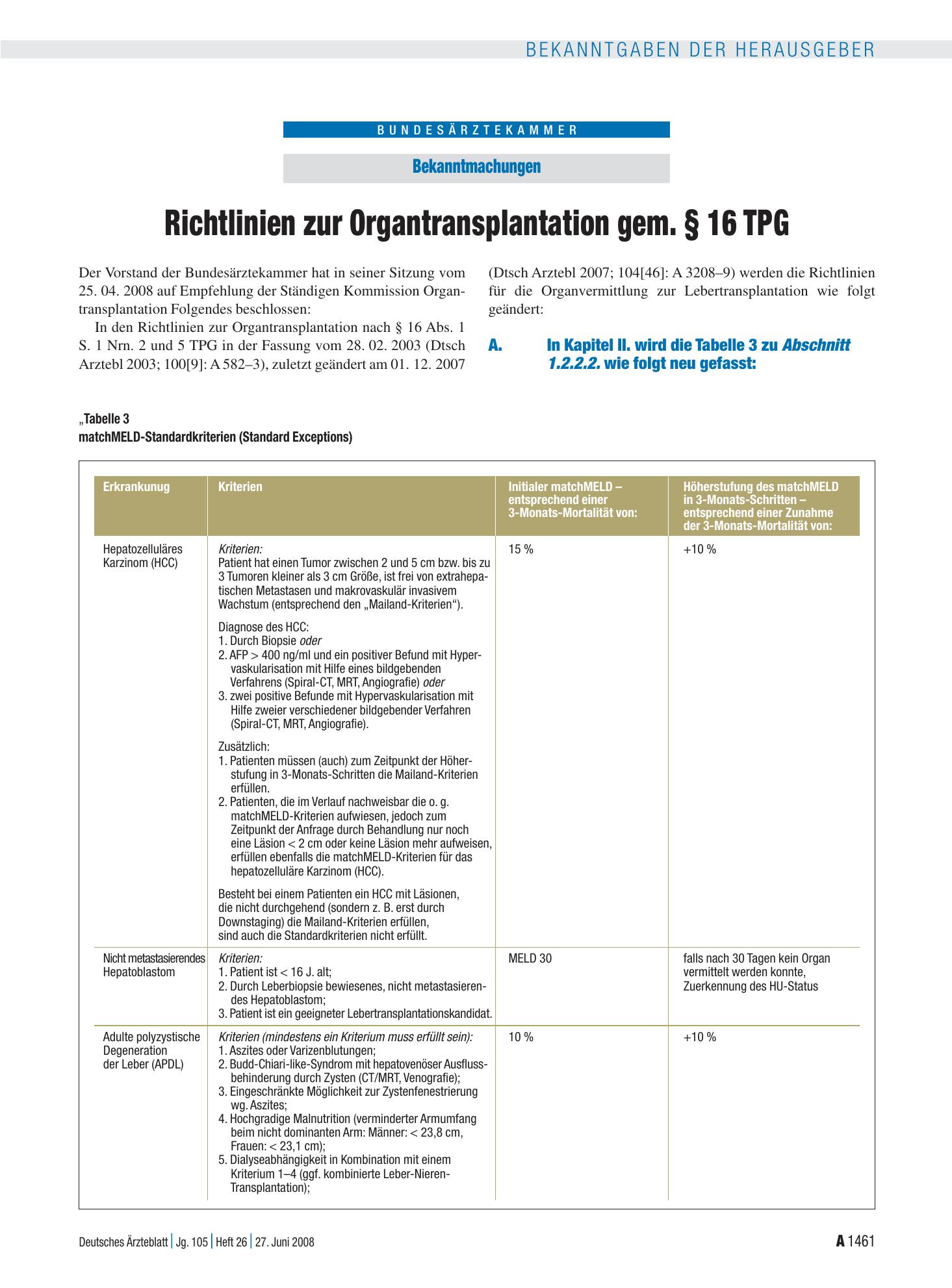 Vorschauseite 1: Bekanntmachungen: Richtlinien zur Organtransplantation gem. § 16 TPG – Deutsches Ärzteblatt