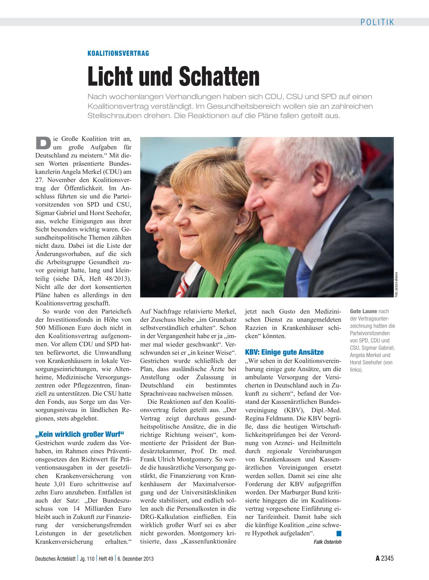 Vorschauseite 1: Koalitionsvertrag: Licht und Schatten – Deutsches Ärzteblatt