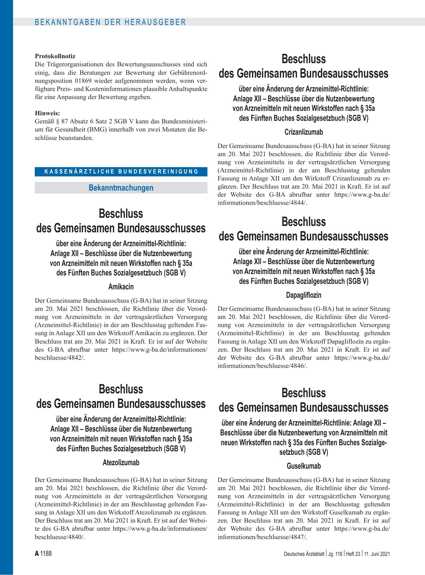 Vorschauseite 1: Beschluss des Gemeinsamen Bundesausschusses über eine Änderung der Arzneimittel-Richtlinie: Anlage XII – Crizanlizumab – Deutsches Ärzteblatt