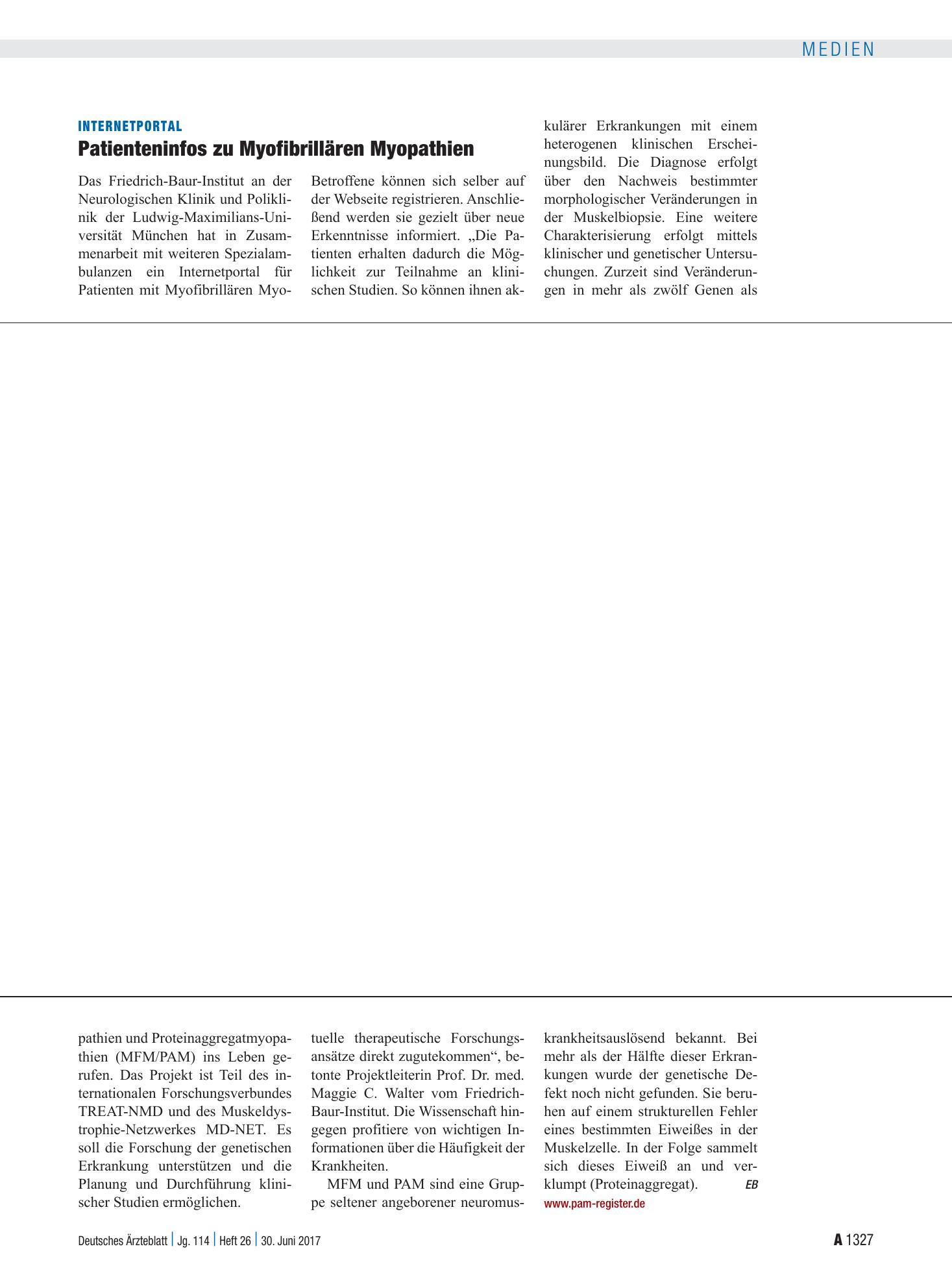 Vorschauseite 1: Internetportal: Patienteninfos zu Myofibrillären Myopathien – Deutsches Ärzteblatt