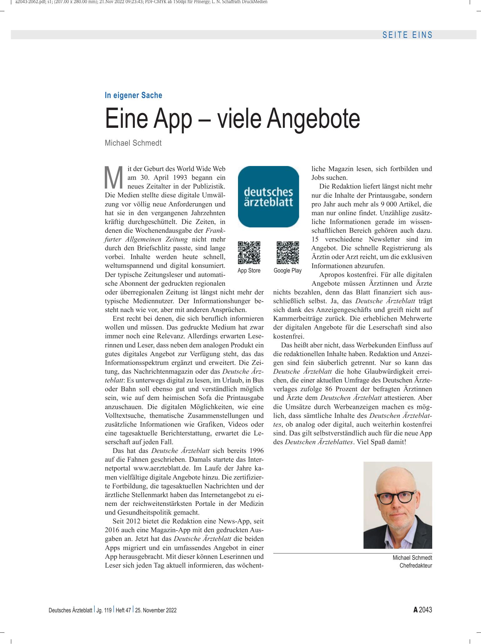 Vorschauseite 1: In eigener Sache: Eine App – viele Angebote – Deutsches Ärzteblatt