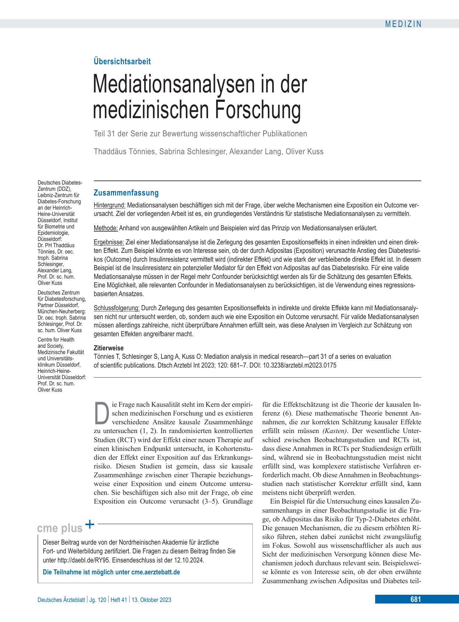Vorschauseite 1: Mediationsanalysen in der medizinischen Forschung – Deutsches Ärzteblatt