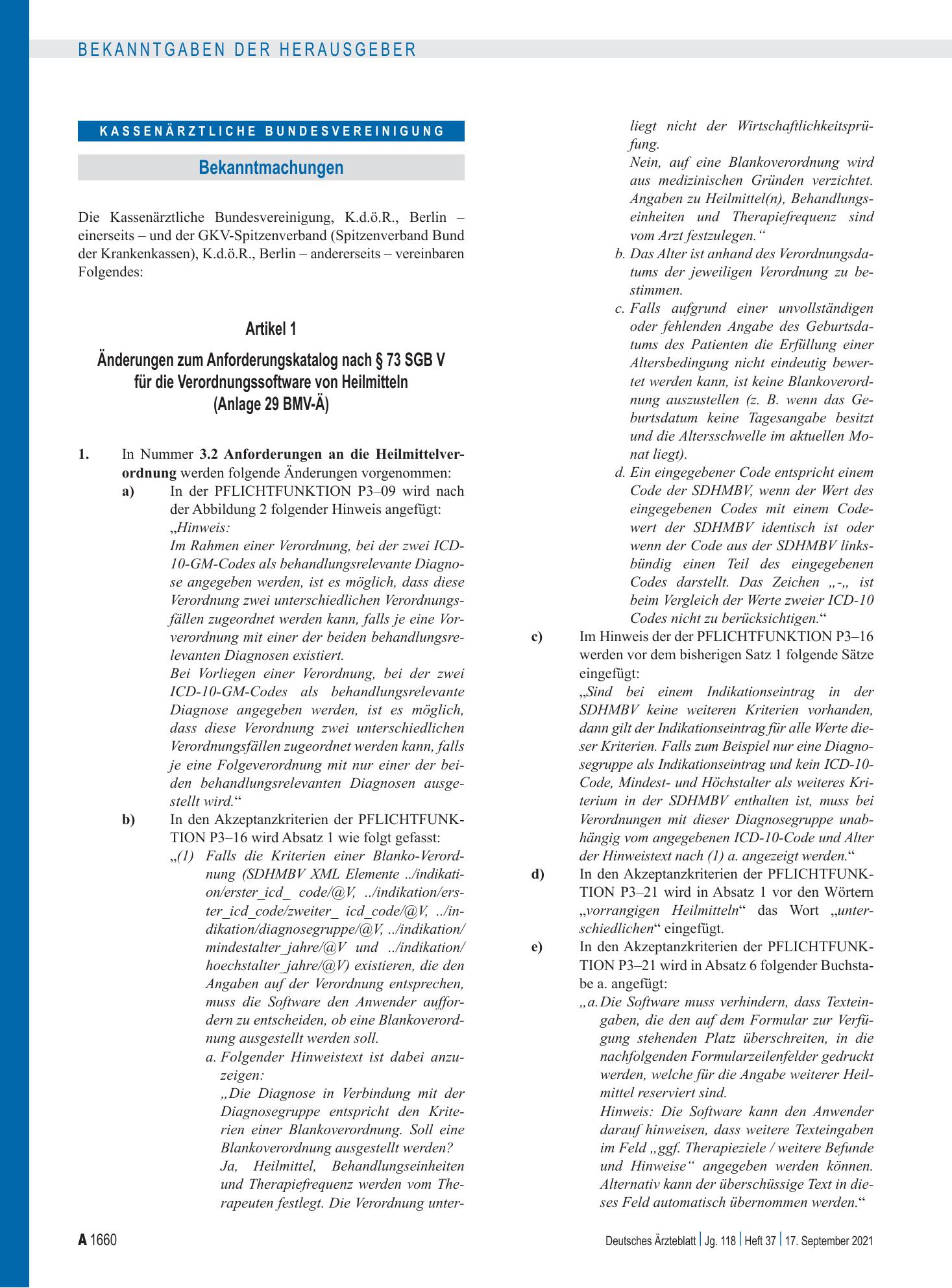 Vorschauseite 1: Änderungen zum Anforderungskatalog nach § 73 SGB V für die Verordnungssoftware von Heilmitteln (Anlage 29 BMV-Ä) – Deutsches Ärzteblatt