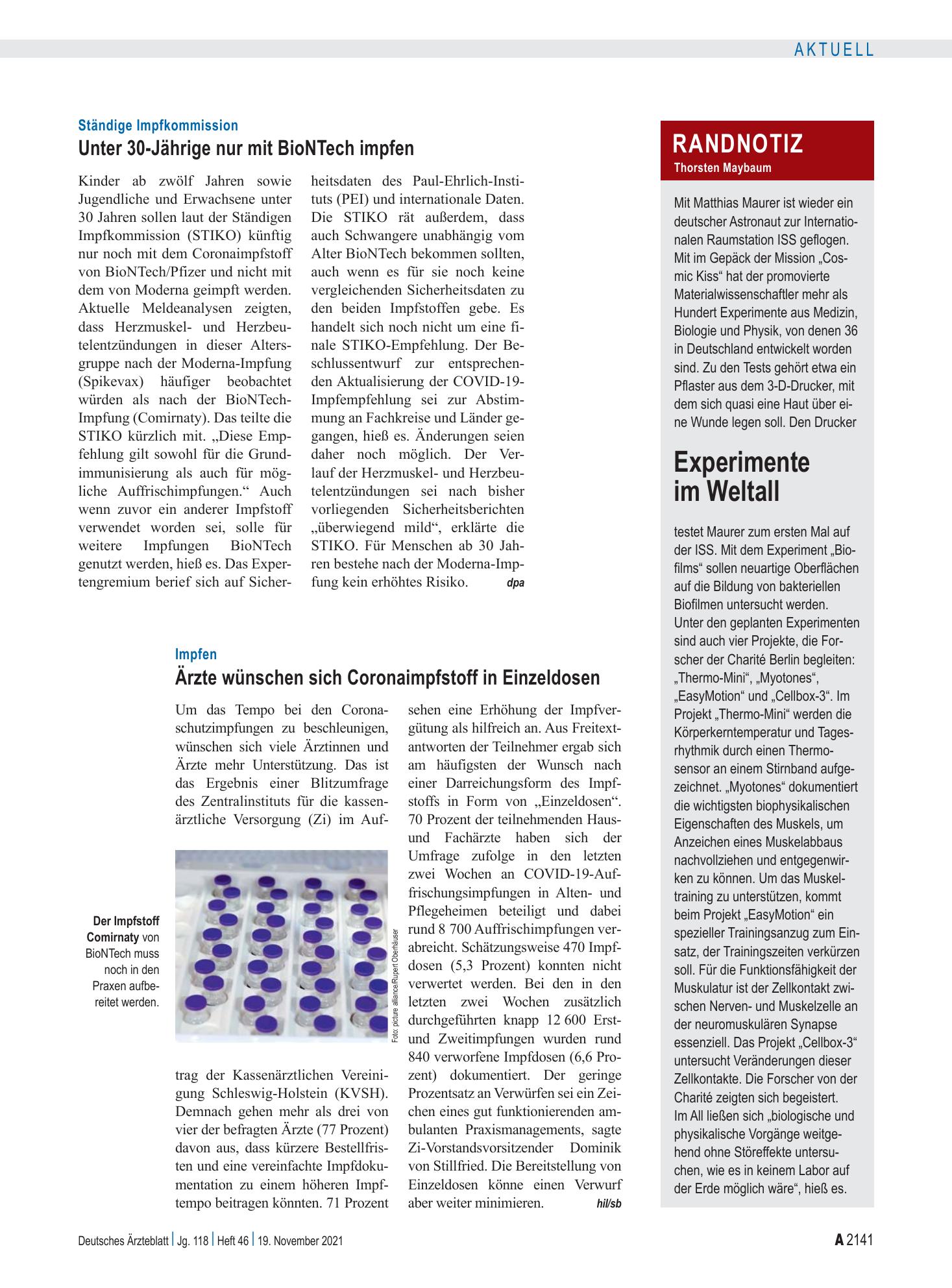 Vorschauseite 1: Randnotiz: Experimente im Weltall – Deutsches Ärzteblatt