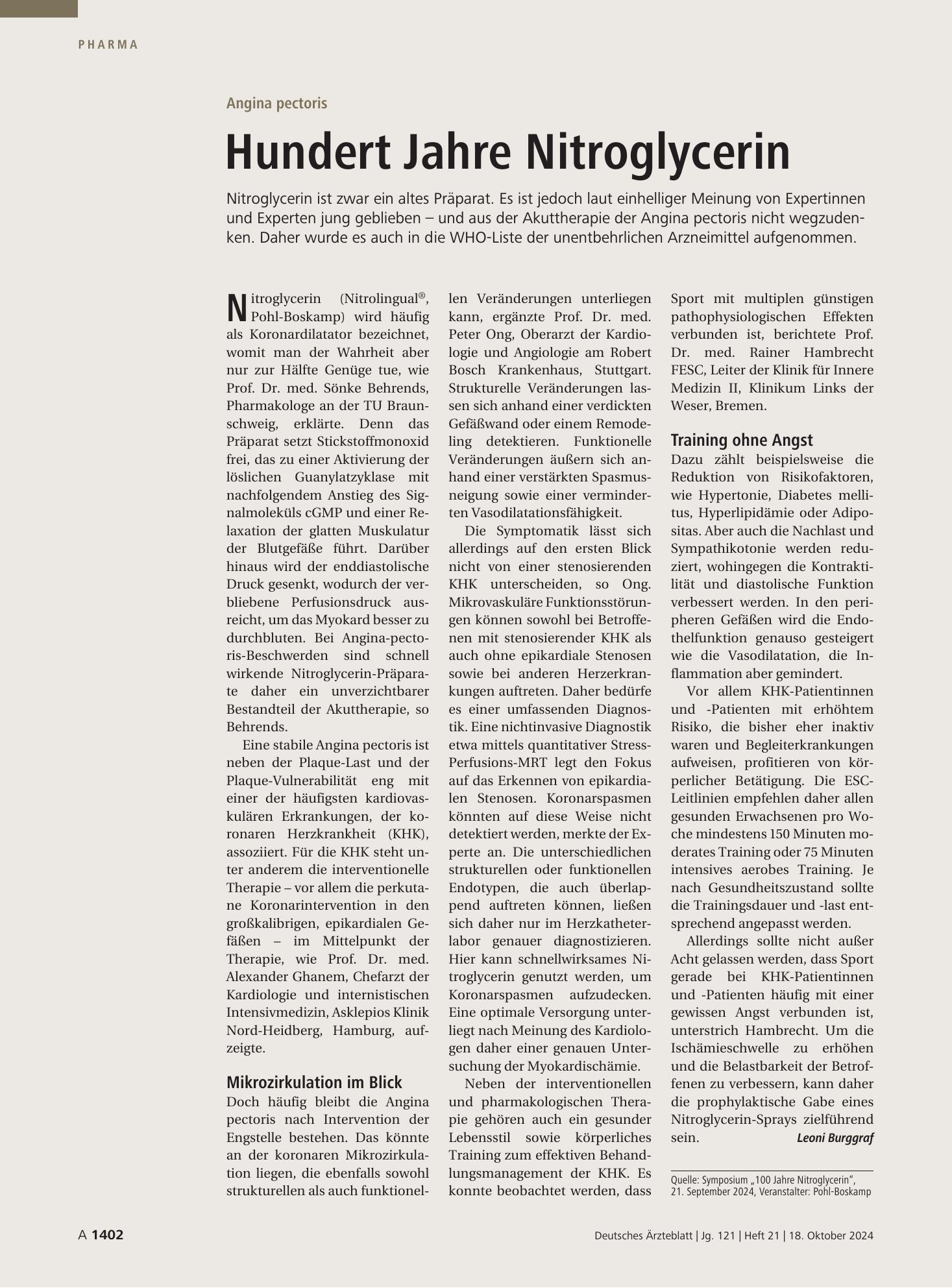Vorschauseite 1: Angina pectoris: Hundert Jahre Nitroglycerin – Deutsches Ärzteblatt