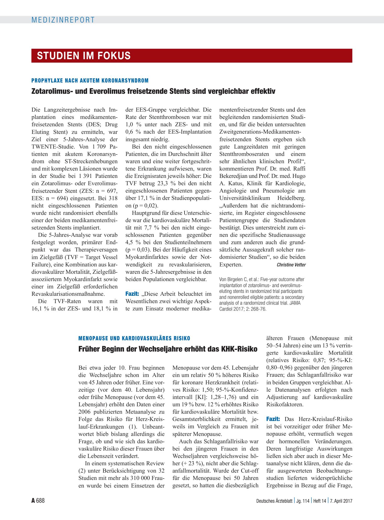 Vorschauseite 1: Menopause und kardiovaskuläres Risiko: Früher Beginn der Wechseljahre erhöht das KHK-Risiko – Deutsches Ärzteblatt