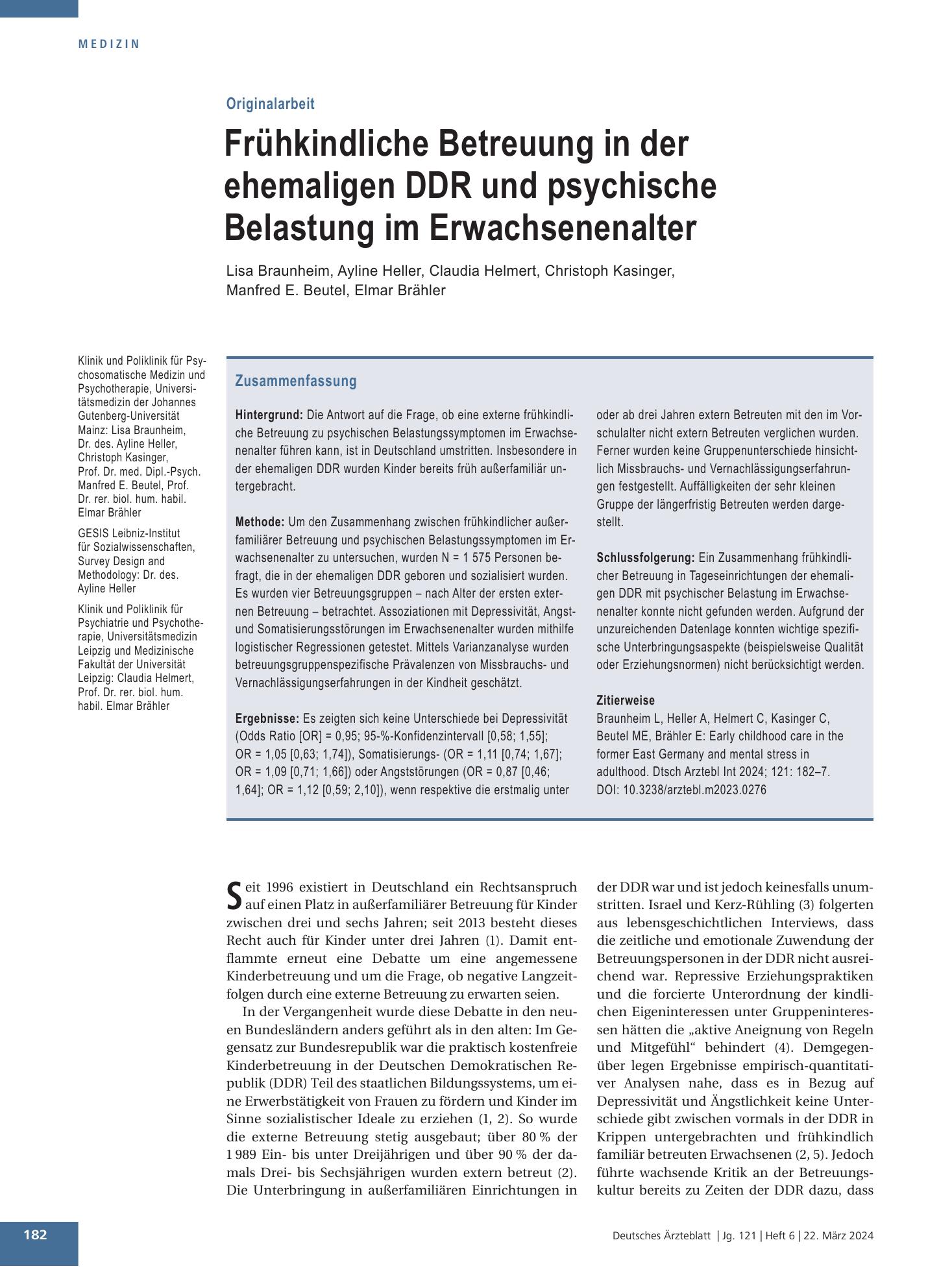 Vorschauseite 1: Frühkindliche Betreuung in der ehemaligen DDR und psychische Belastung im Erwachsenenalter – Deutsches Ärzteblatt