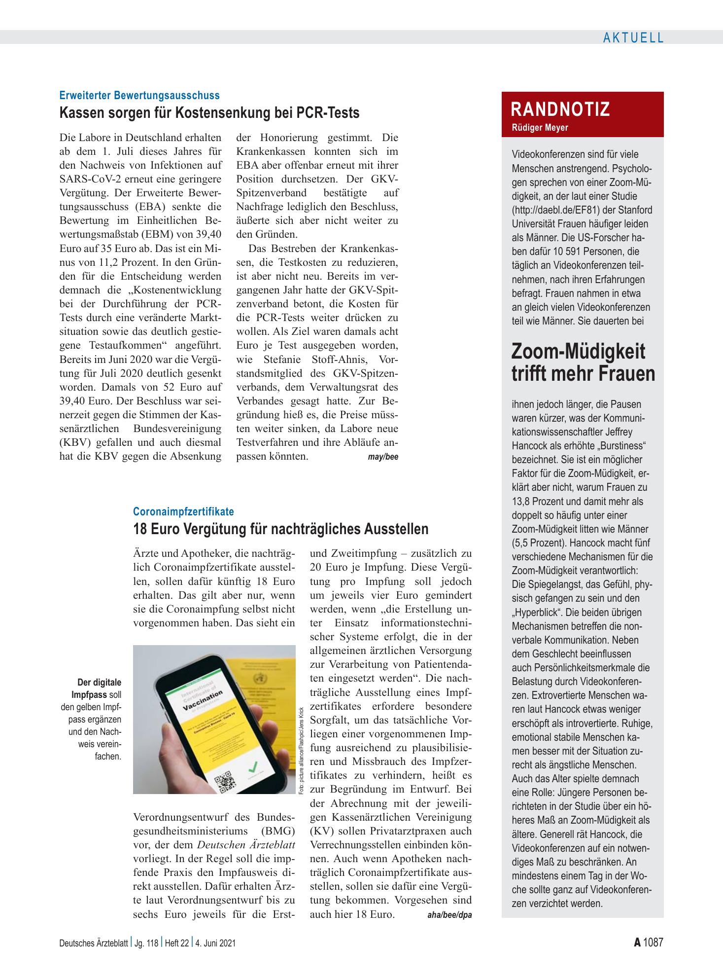 Vorschauseite 1: Erweiterter Bewertungsausschuss: Kassen sorgen für Kostensenkung bei PCR-Tests – Deutsches Ärzteblatt