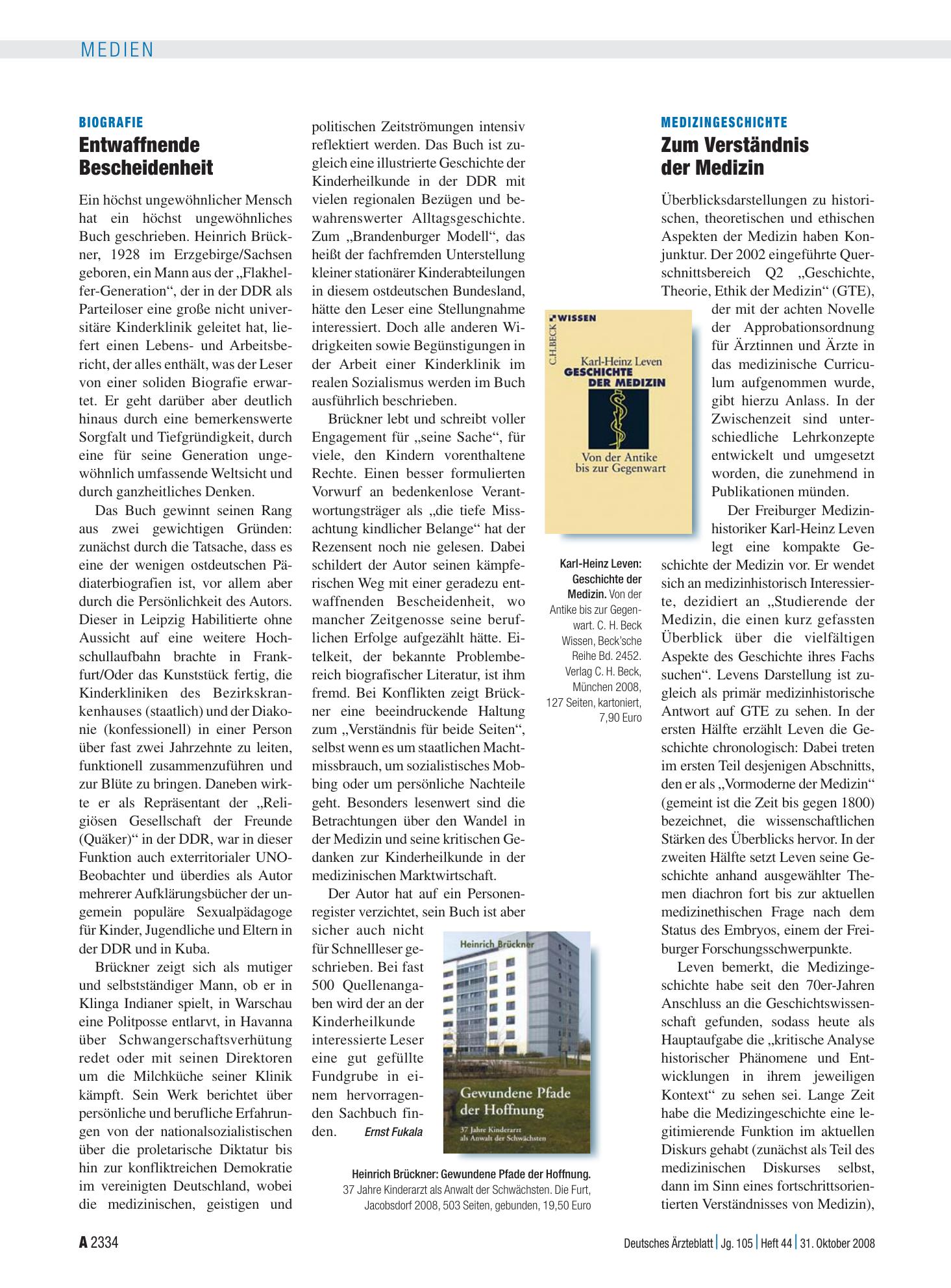 Vorschauseite 1: Medizingeschichte: Zum Verständnis der Medizin – Deutsches Ärzteblatt
