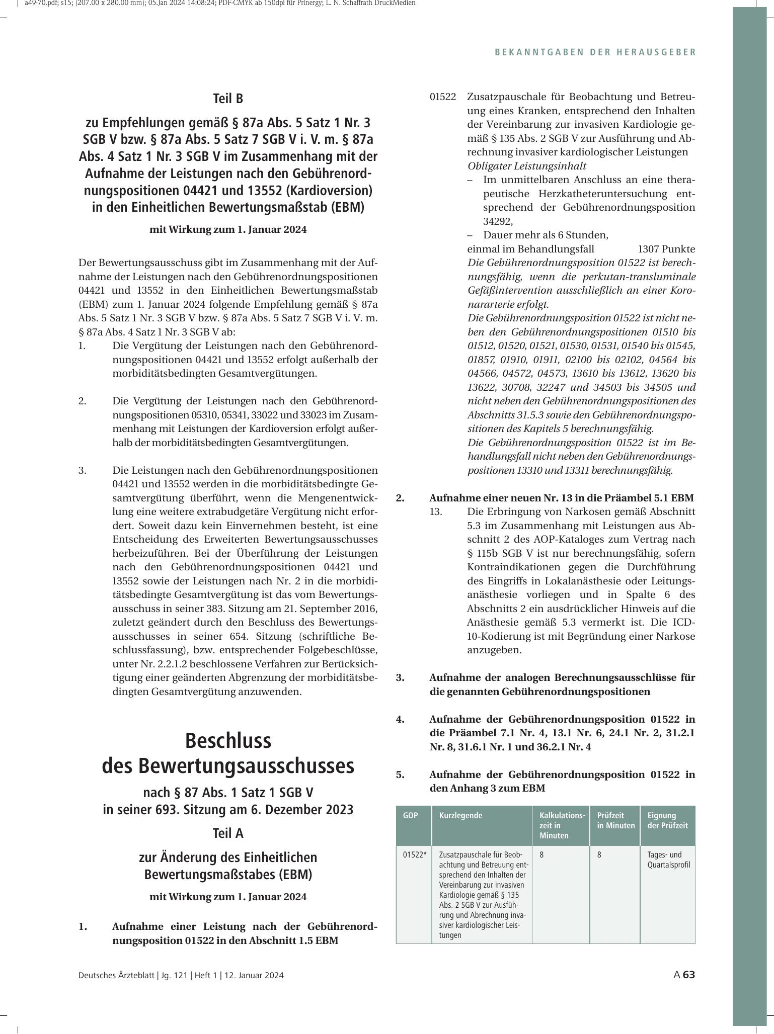 Vorschauseite 1: Beschluss des Bewertungsausschusses nach § 87 Abs. 1 Satz 1 SGB V in seiner 693. Sitzung am 6. Dezember 2023 Teil A zur Änderung des Einheitlichen Bewertungsmaßstabes (EBM) mit Wi…
