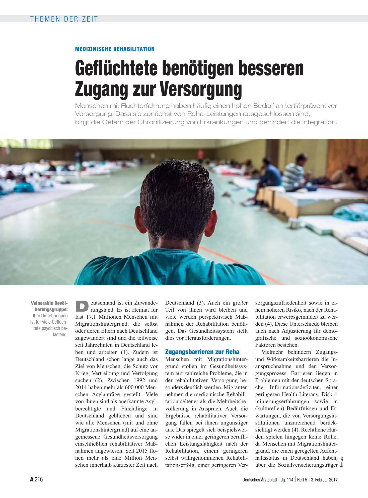 Vorschauseite 1: Medizinische Rehabilitation: Geflüchtete benötigen besseren Zugang zur Versorgung – Deutsches Ärzteblatt